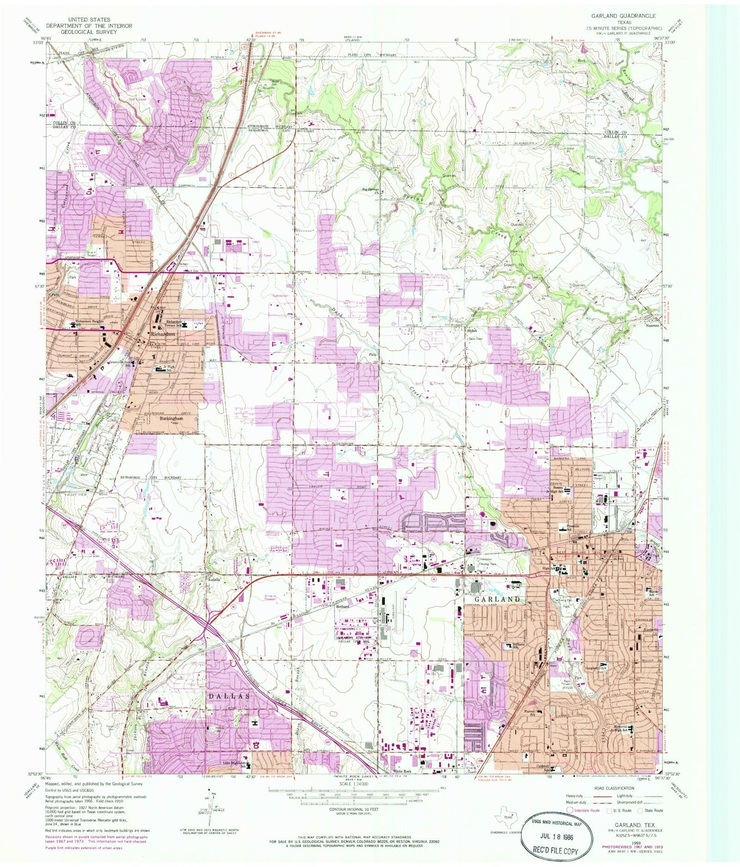 Classic USGS Garland Texas 7.5'x7.5' Topo Map Image