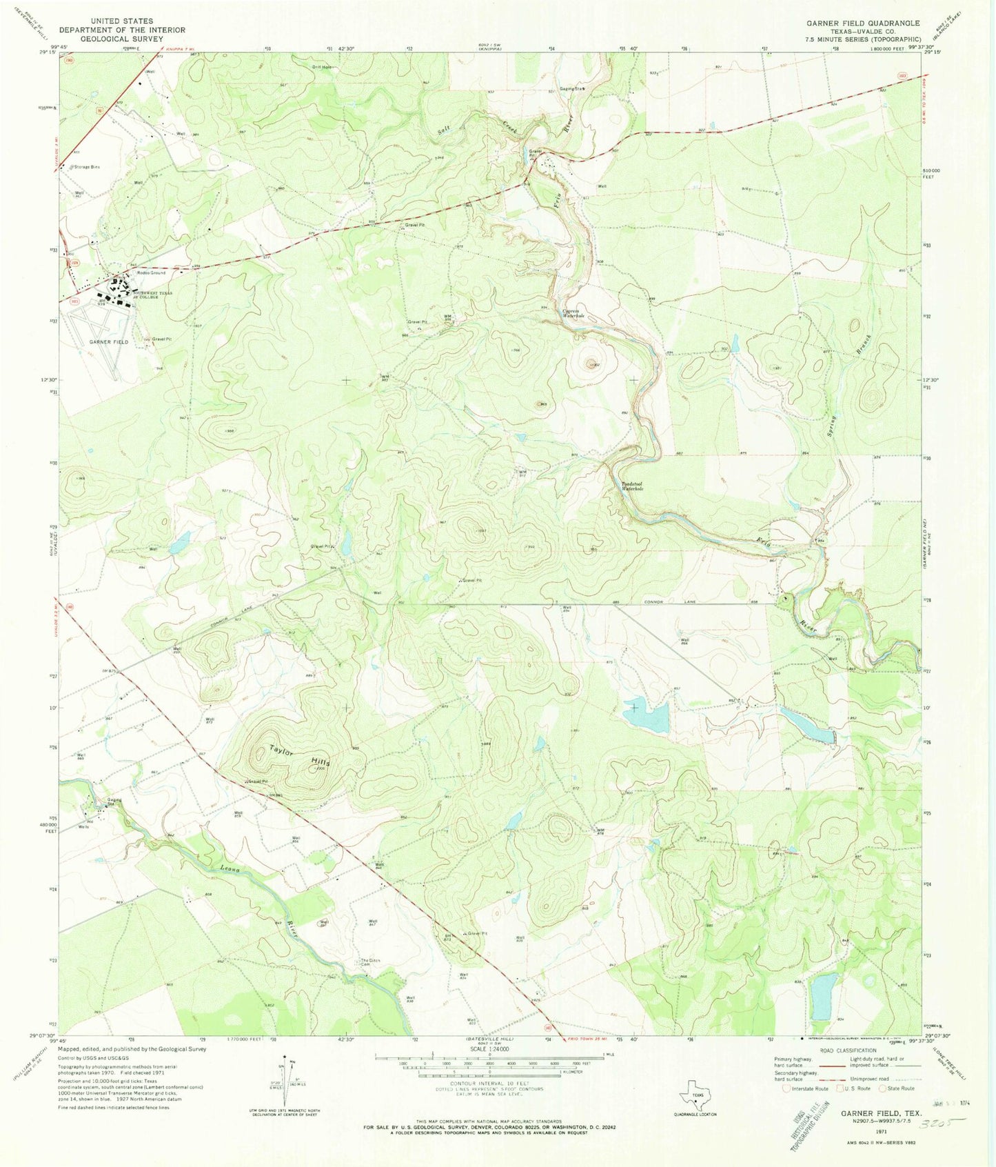 Classic USGS Garner Field Texas 7.5'x7.5' Topo Map Image