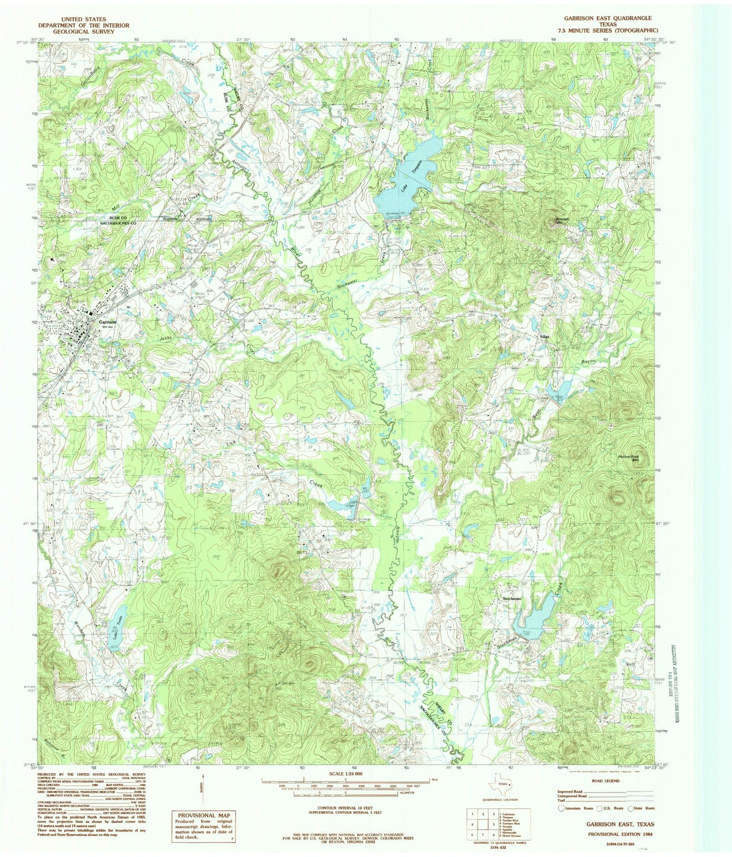 Classic USGS Garrison East Texas 7.5'x7.5' Topo Map Image