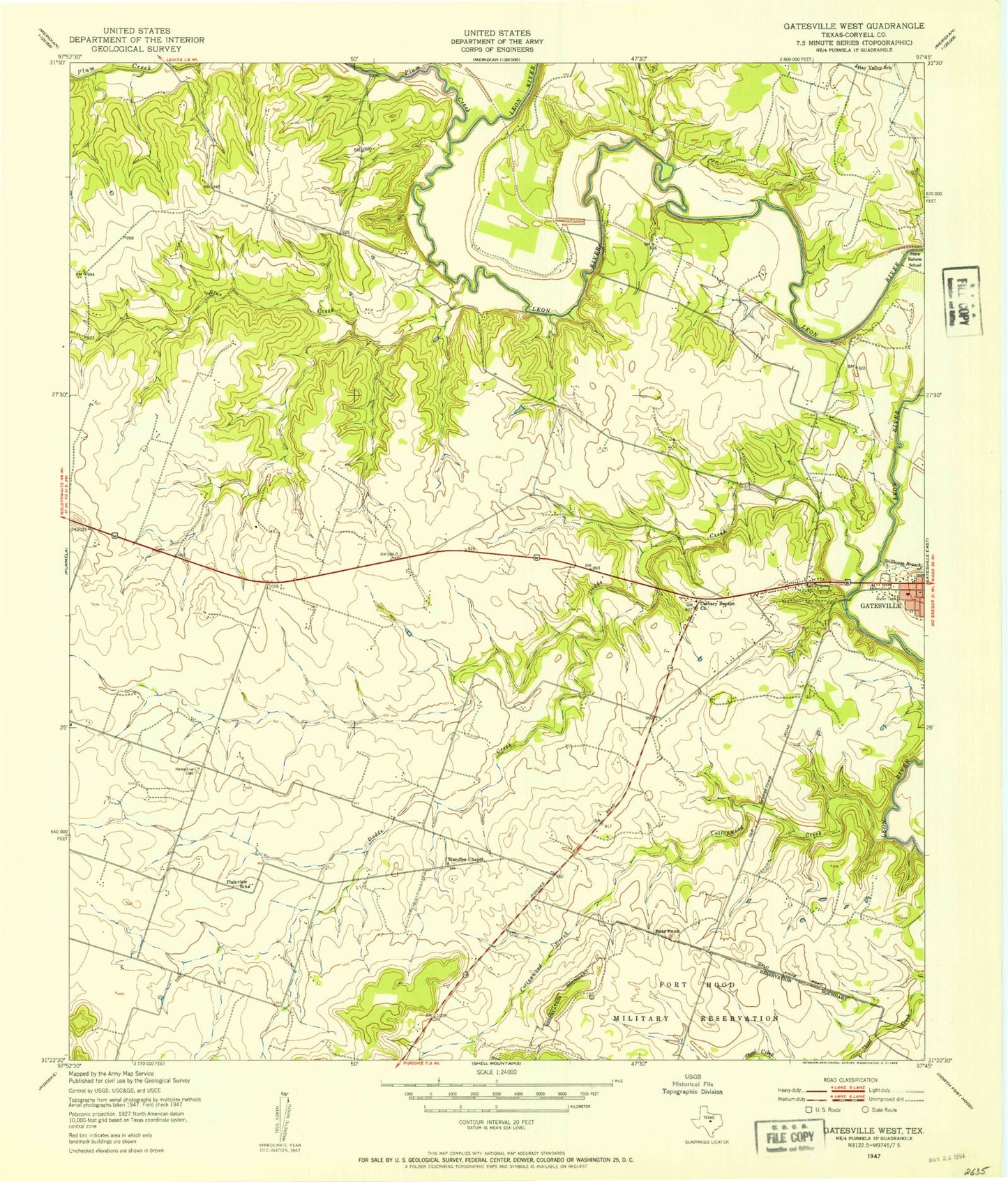 Classic USGS Gatesville West Texas 7.5'x7.5' Topo Map Image