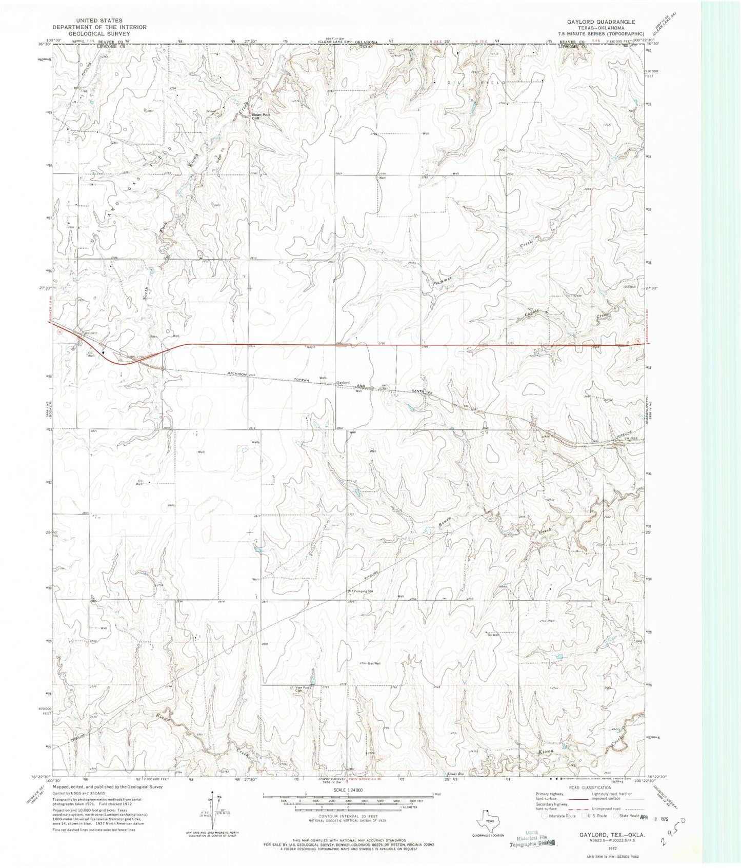 Classic USGS Gaylord Texas 7.5'x7.5' Topo Map Image