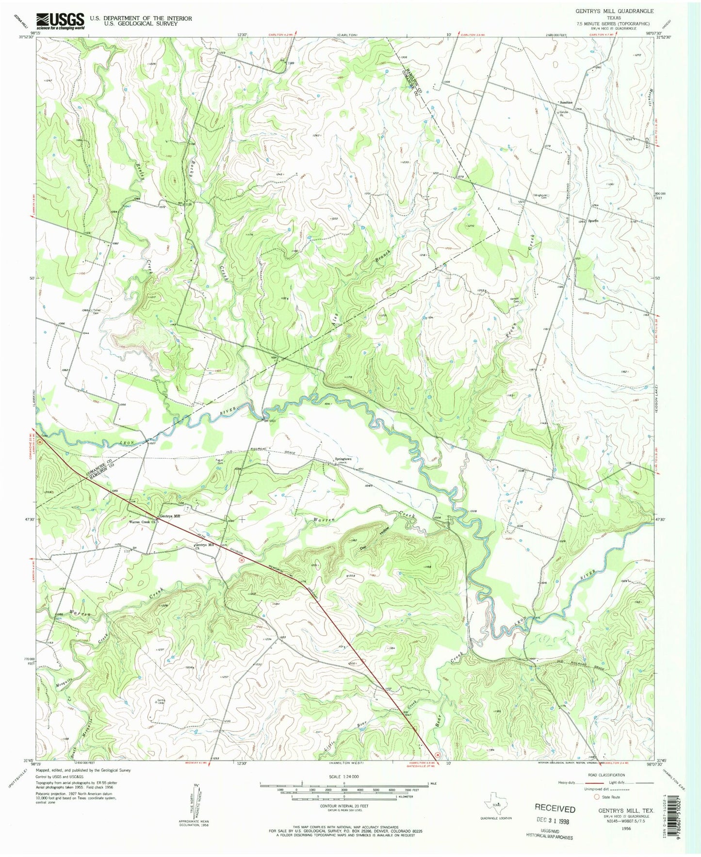 Classic USGS Gentrys Mill Texas 7.5'x7.5' Topo Map Image