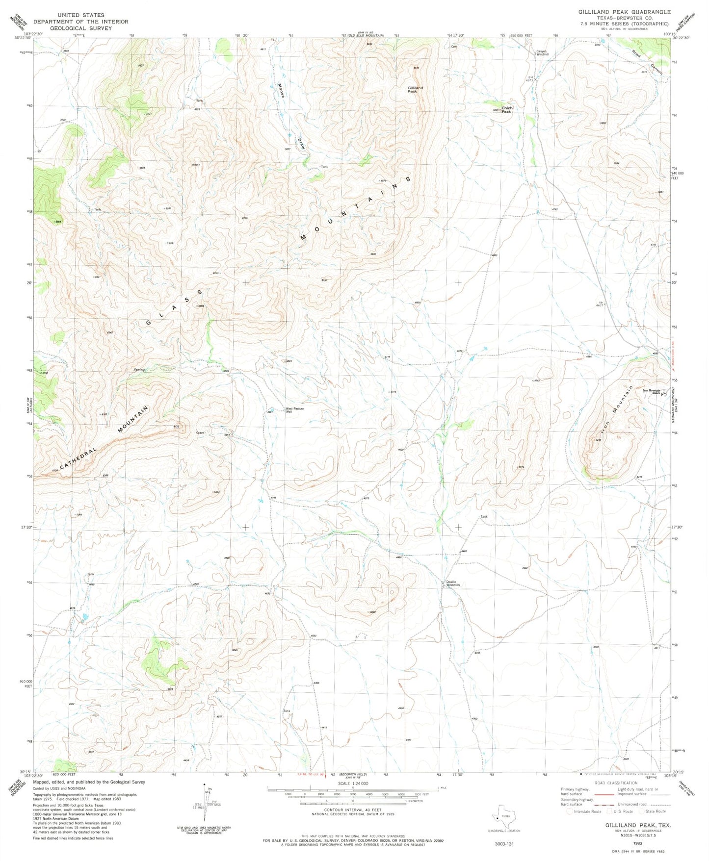 Classic USGS Gilliland Peak Texas 7.5'x7.5' Topo Map Image