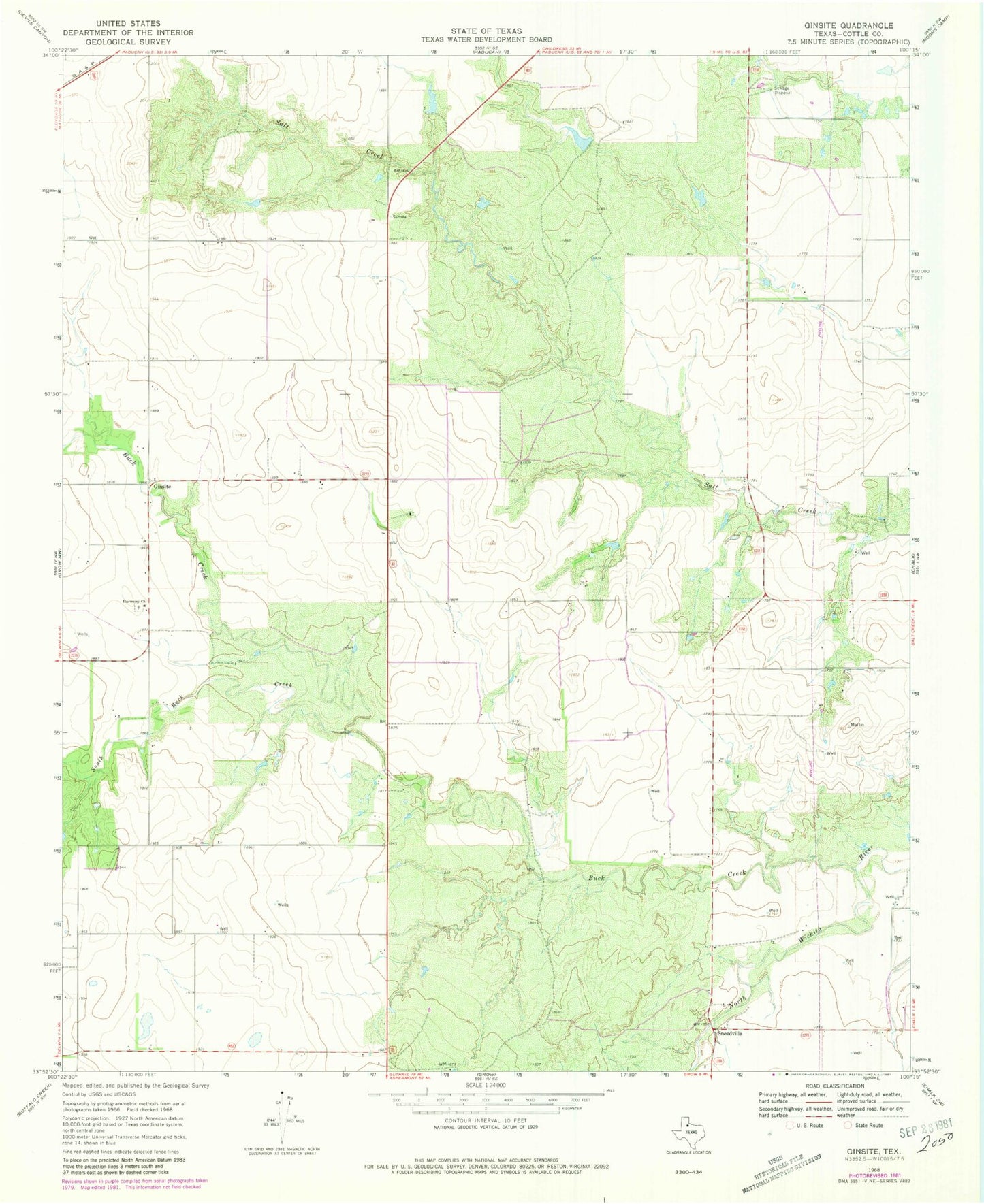 Classic USGS Ginsite Texas 7.5'x7.5' Topo Map Image