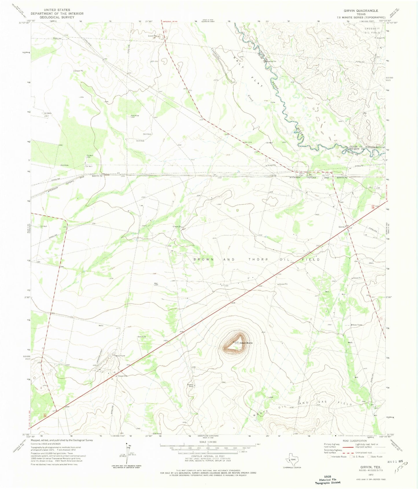 Classic USGS Girvin Texas 7.5'x7.5' Topo Map Image