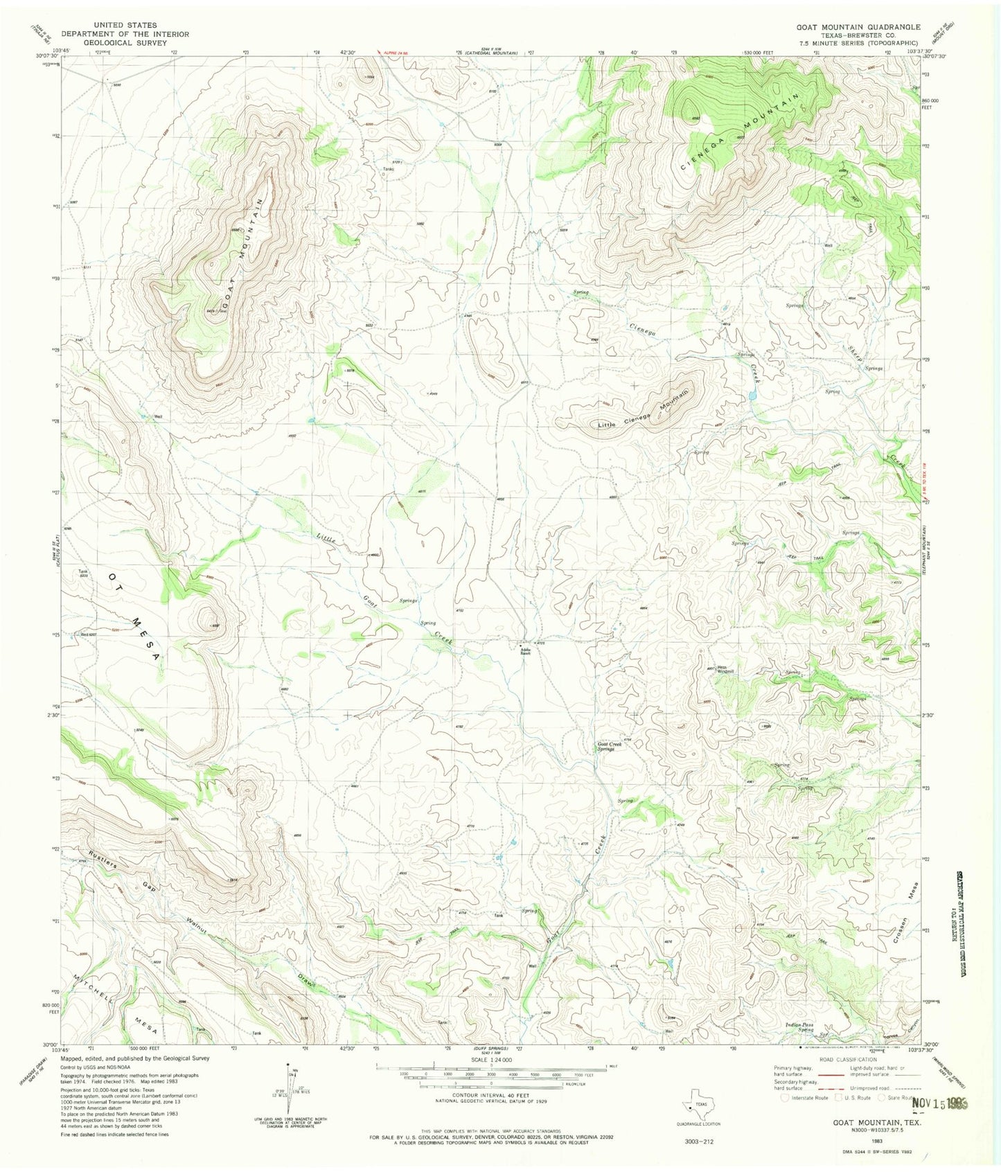 Classic USGS Goat Mountain Texas 7.5'x7.5' Topo Map Image