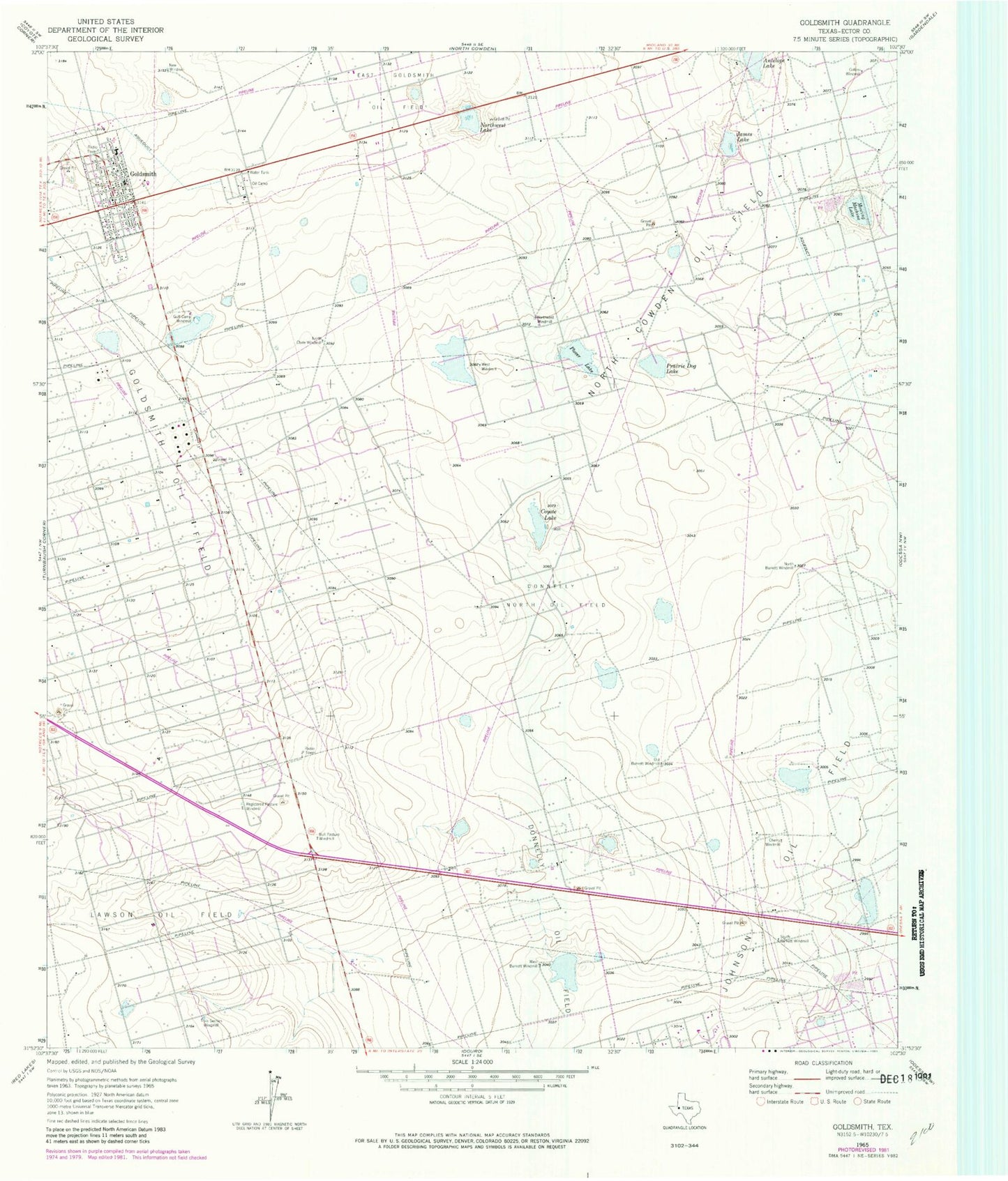 Classic USGS Goldsmith Texas 7.5'x7.5' Topo Map Image