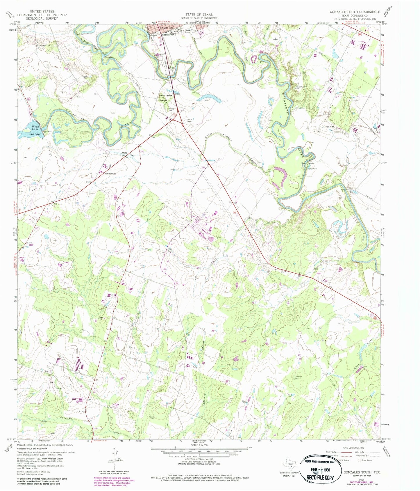 Classic USGS Gonzales South Texas 7.5'x7.5' Topo Map Image