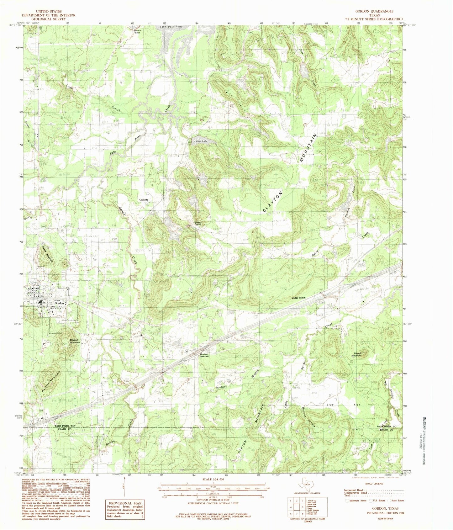 Classic USGS Gordon Texas 7.5'x7.5' Topo Map Image