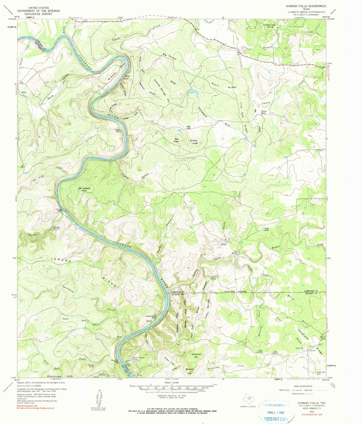 Classic USGS Gorman Falls Texas 7.5'x7.5' Topo Map Image