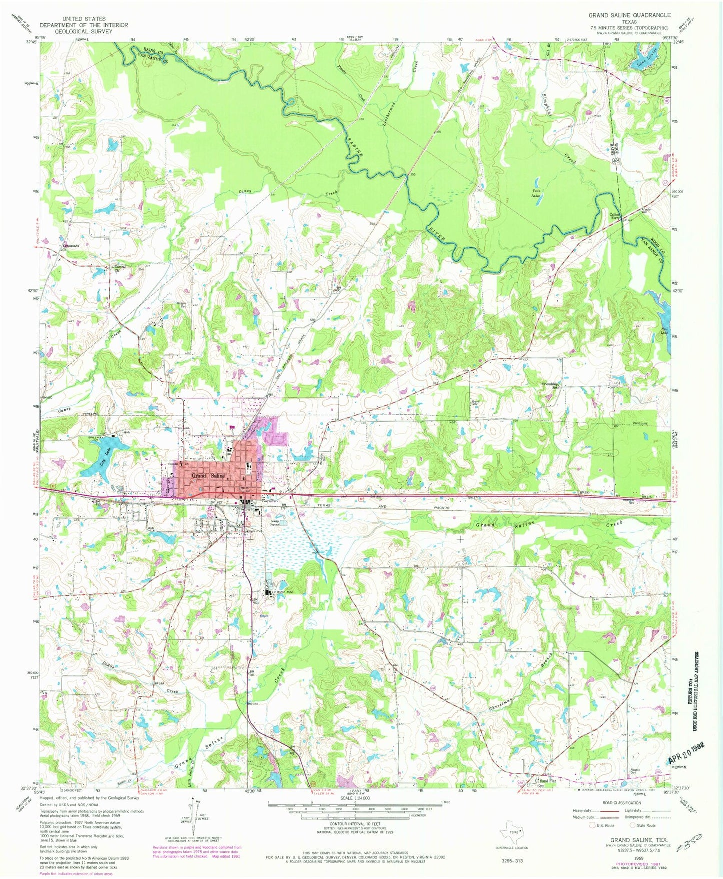 Classic USGS Grand Saline Texas 7.5'x7.5' Topo Map Image
