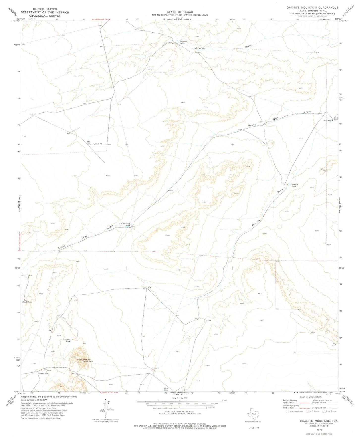 Classic USGS Granite Mountain Texas 7.5'x7.5' Topo Map Image