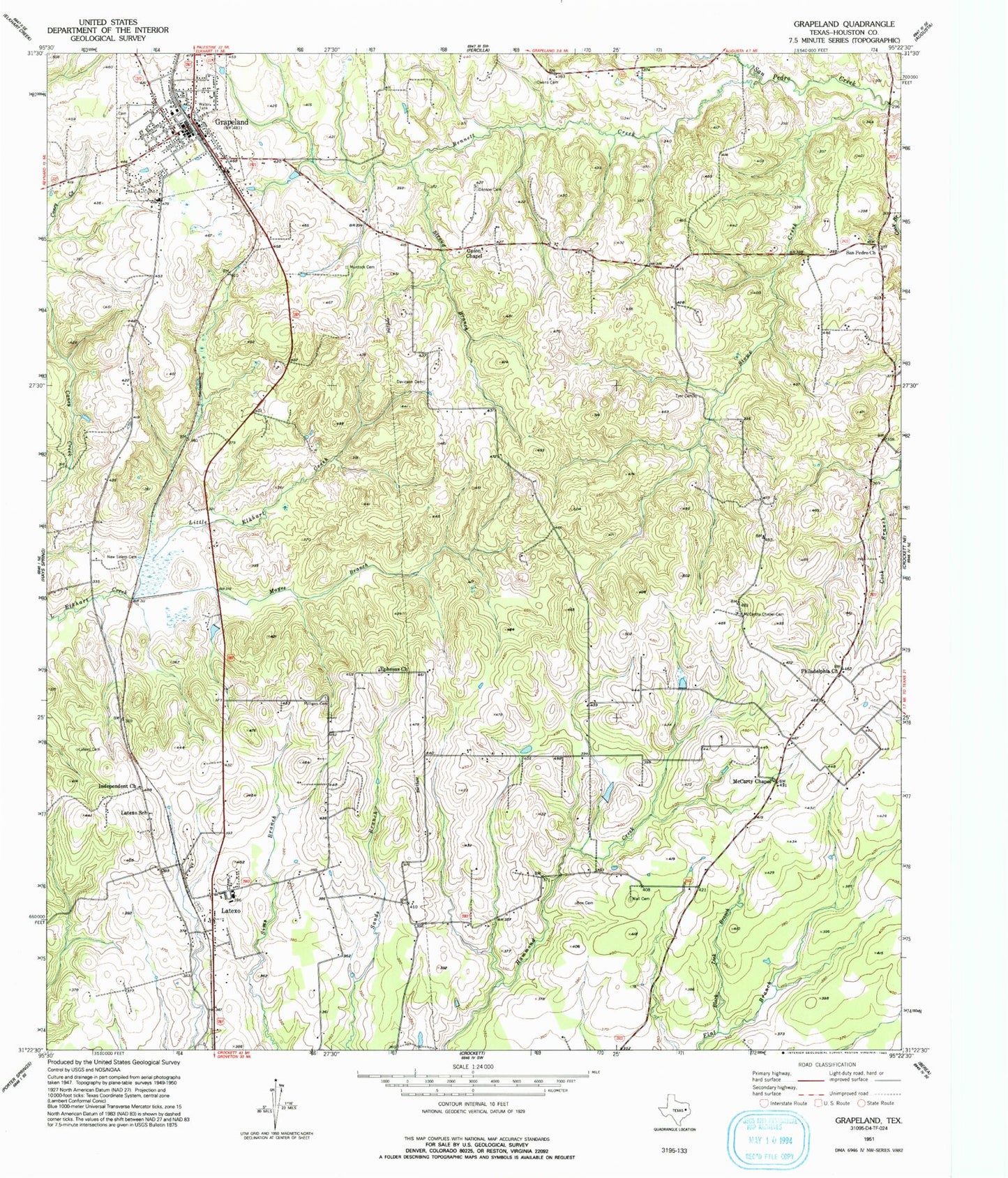 Classic USGS Grapeland Texas 7.5'x7.5' Topo Map Image