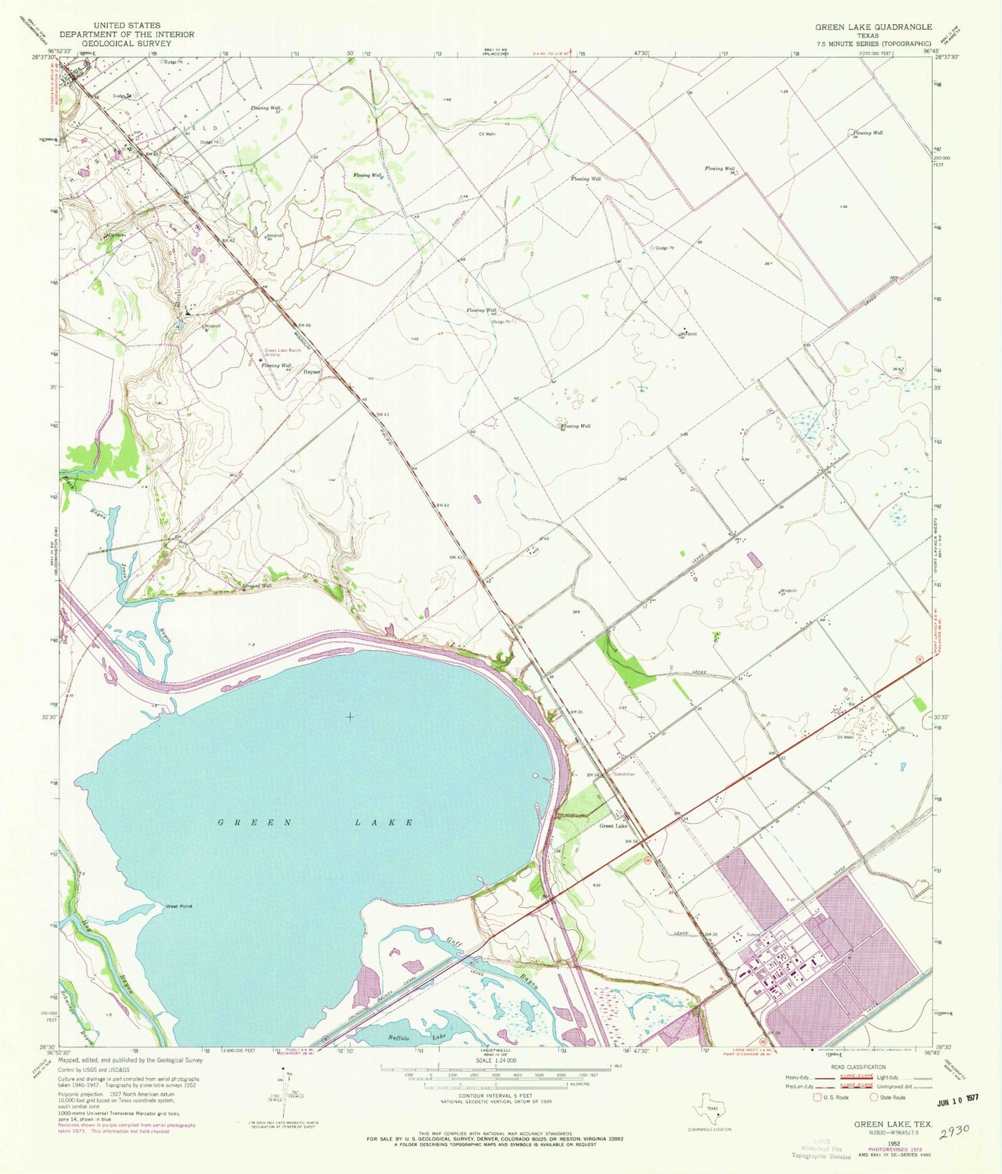 Classic USGS Green Lake Texas 7.5'x7.5' Topo Map Image