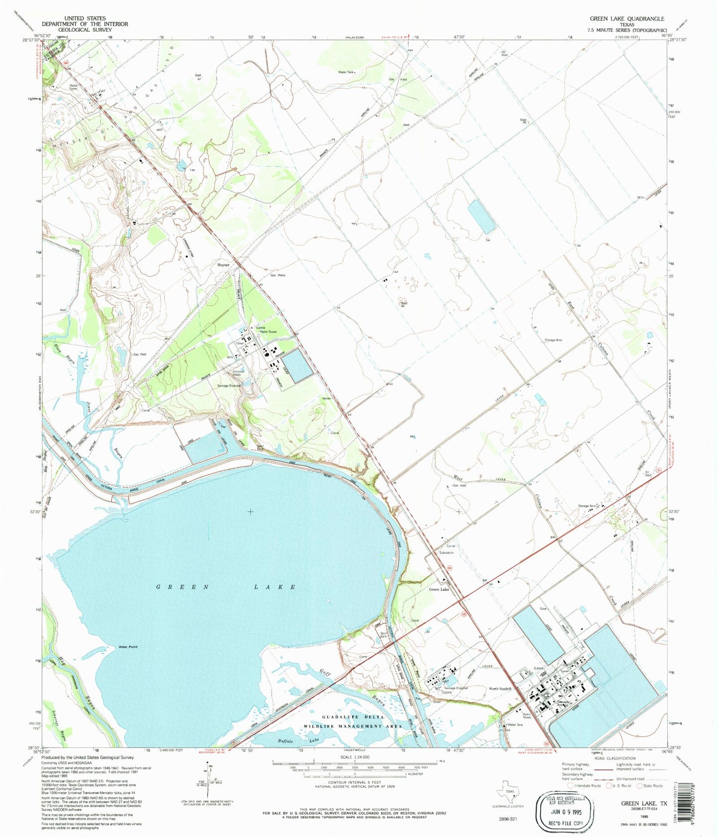 Classic USGS Green Lake Texas 7.5'x7.5' Topo Map Image