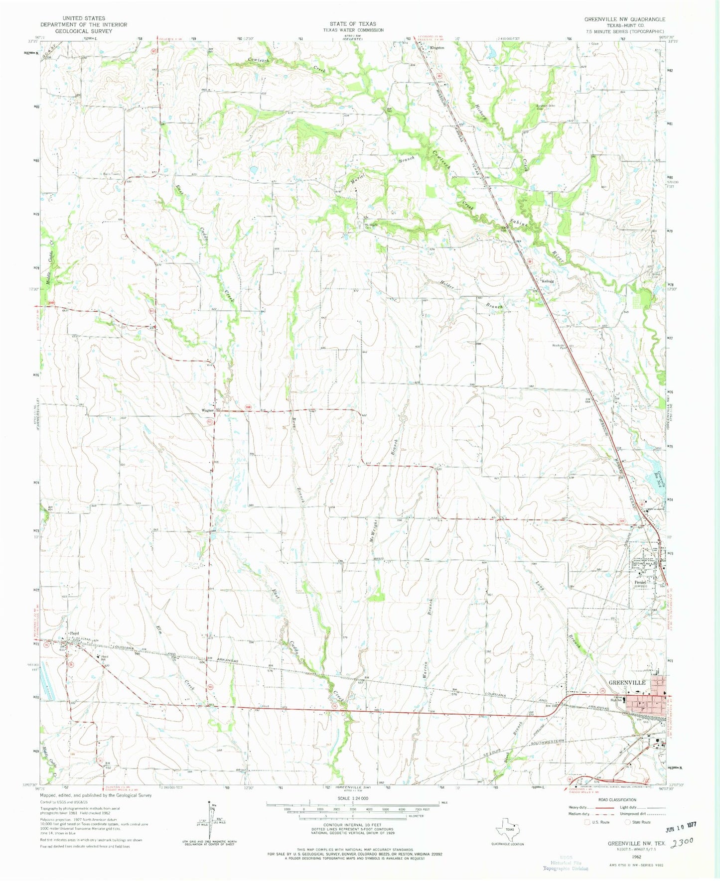 Classic USGS Greenville NW Texas 7.5'x7.5' Topo Map Image