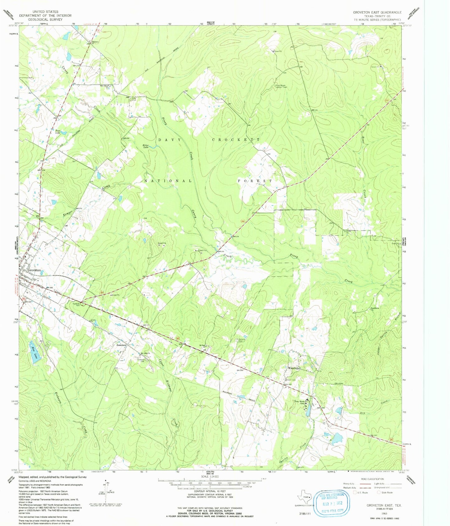 Classic USGS Groveton East Texas 7.5'x7.5' Topo Map Image