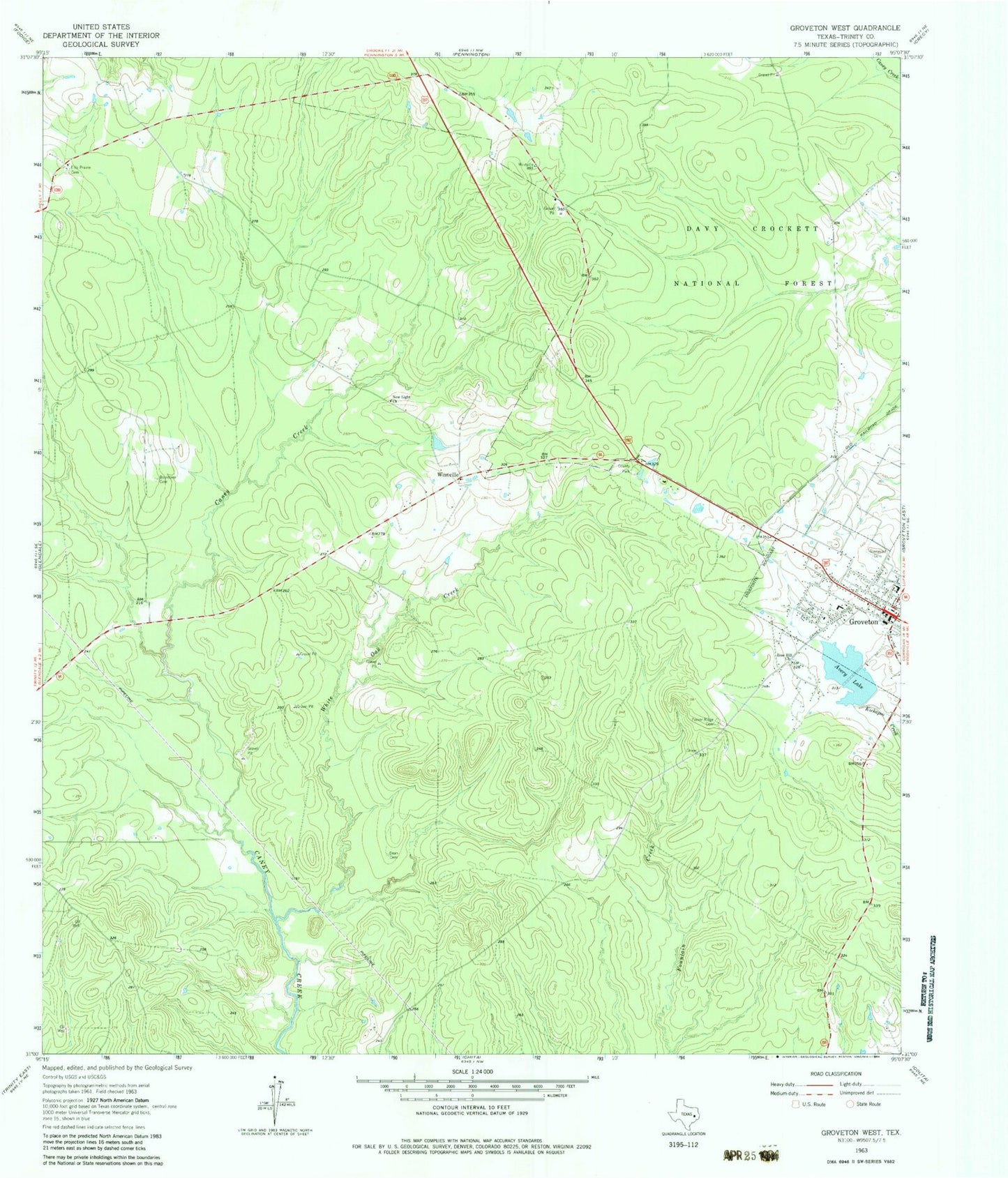Classic USGS Groveton West Texas 7.5'x7.5' Topo Map Image