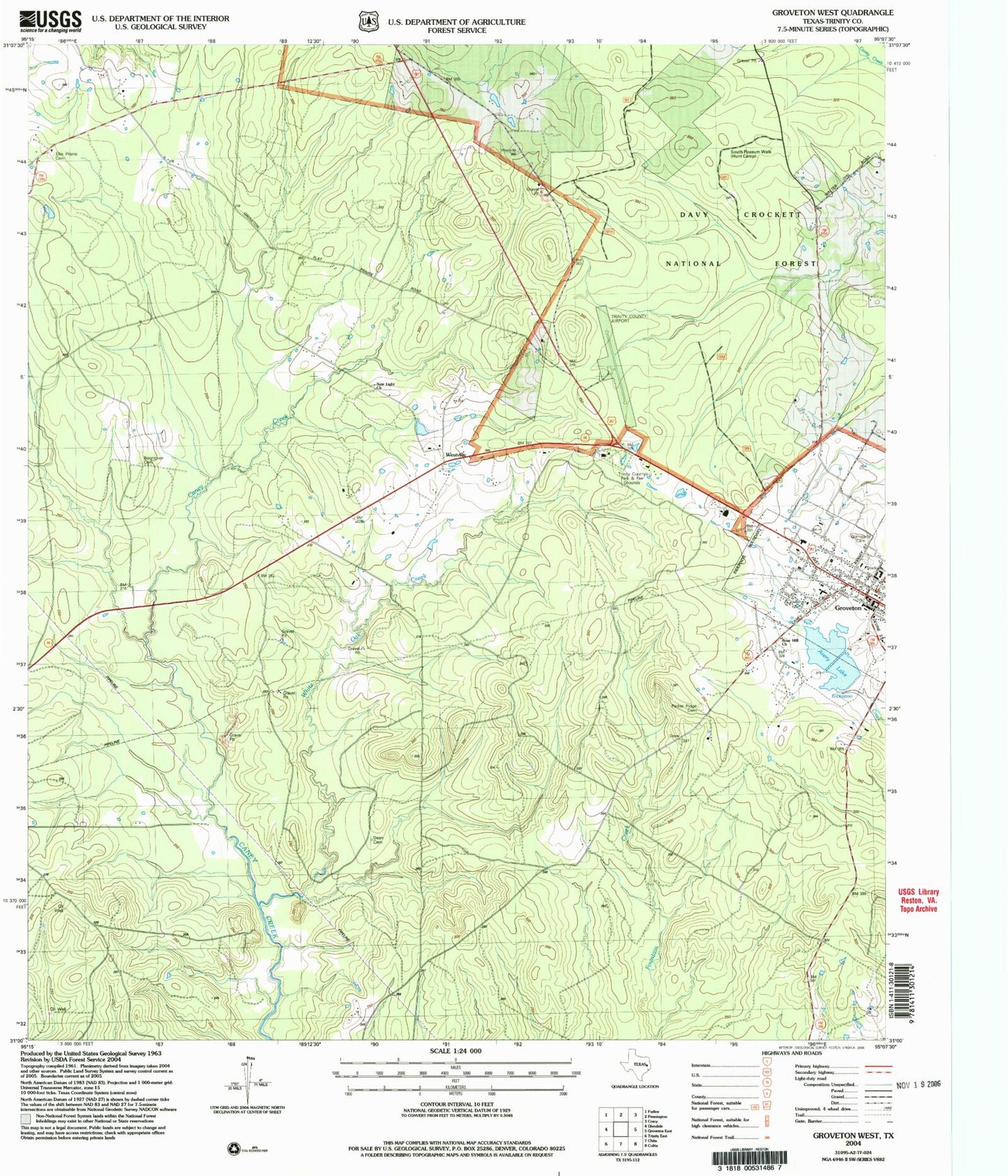 Classic USGS Groveton West Texas 7.5'x7.5' Topo Map Image