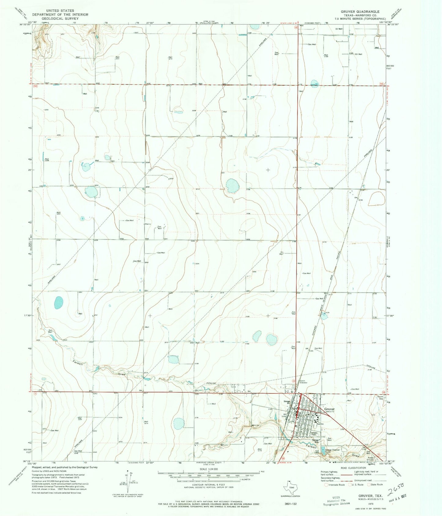 Classic USGS Gruver Texas 7.5'x7.5' Topo Map Image