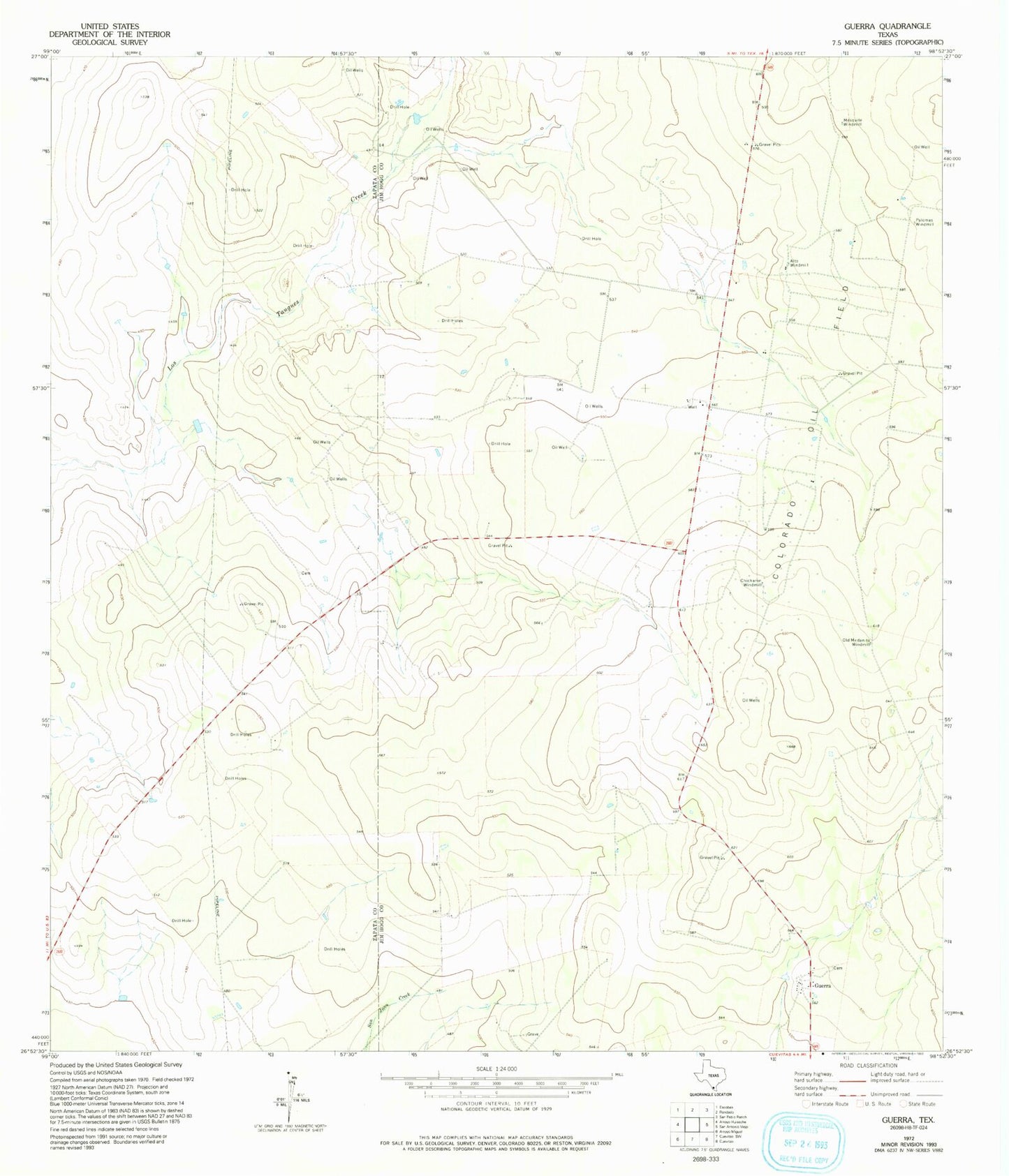 Classic USGS Guerra Texas 7.5'x7.5' Topo Map Image