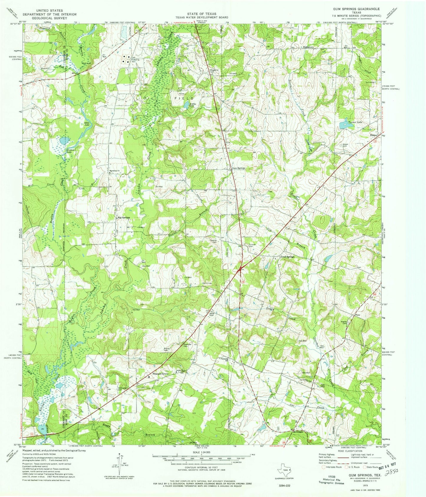 Classic USGS Gum Springs Texas 7.5'x7.5' Topo Map Image