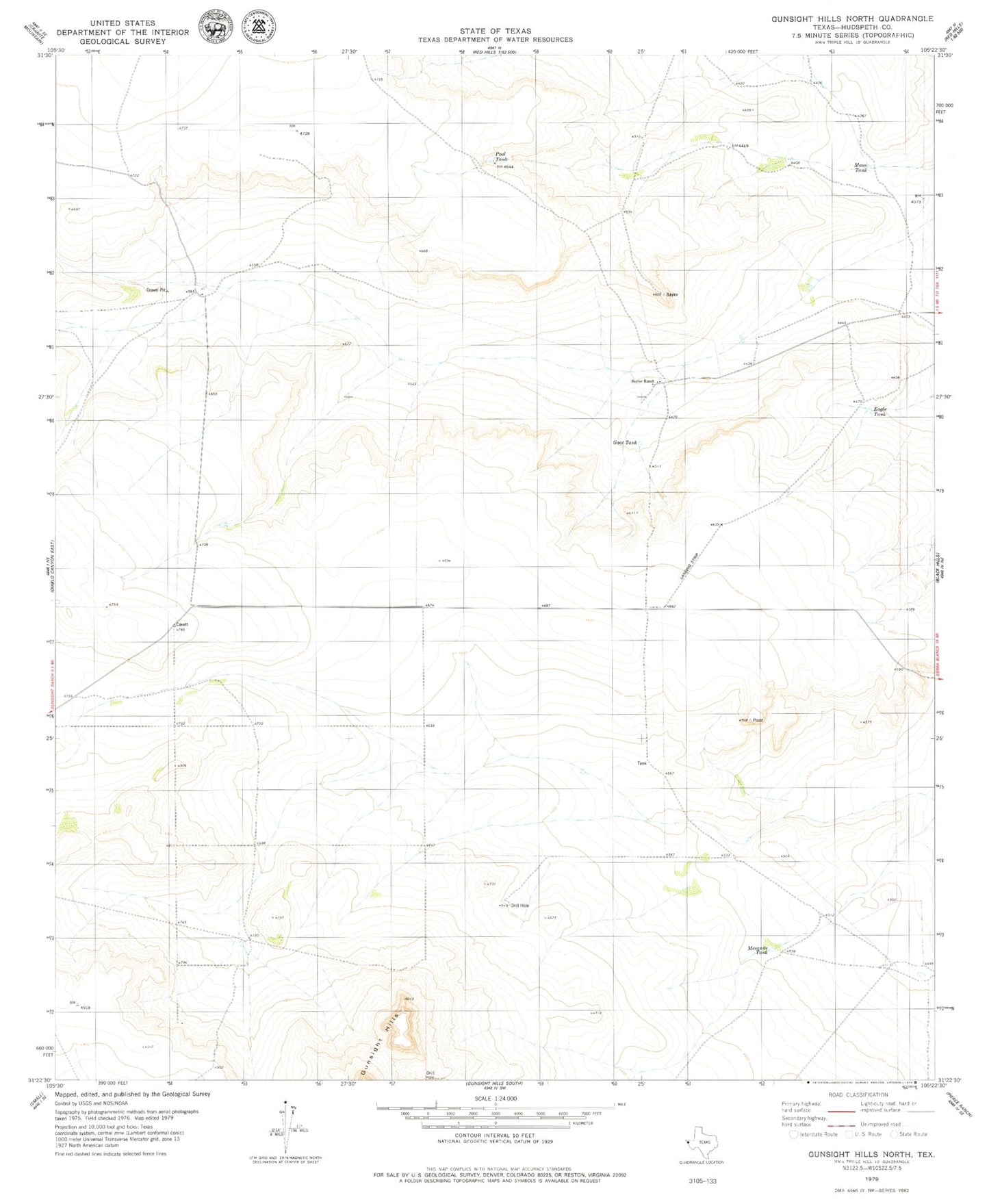 Classic USGS Gunsight Hills North Texas 7.5'x7.5' Topo Map Image