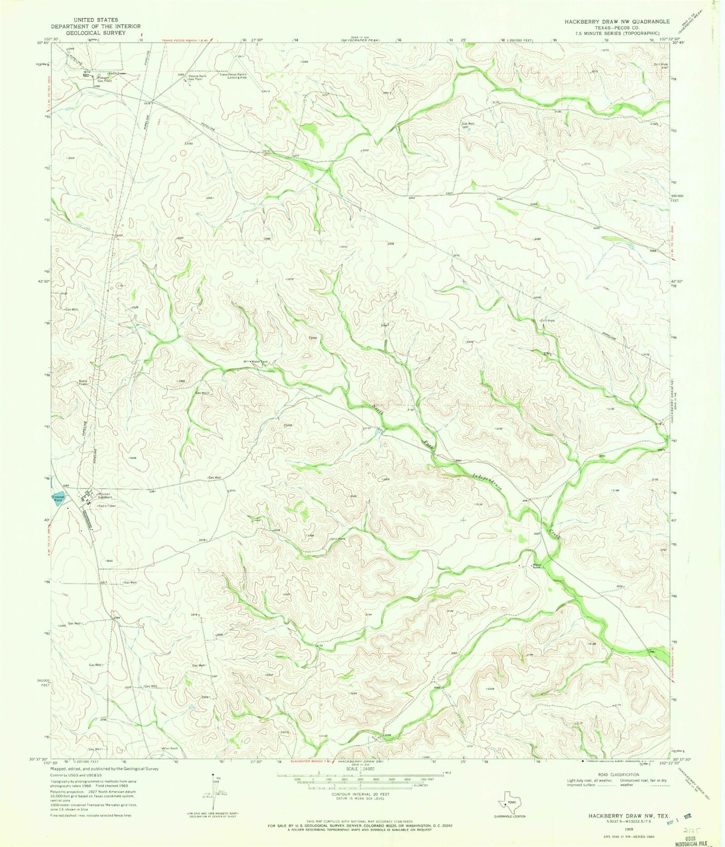 Classic USGS Hackberry Draw NW Texas 7.5'x7.5' Topo Map Image
