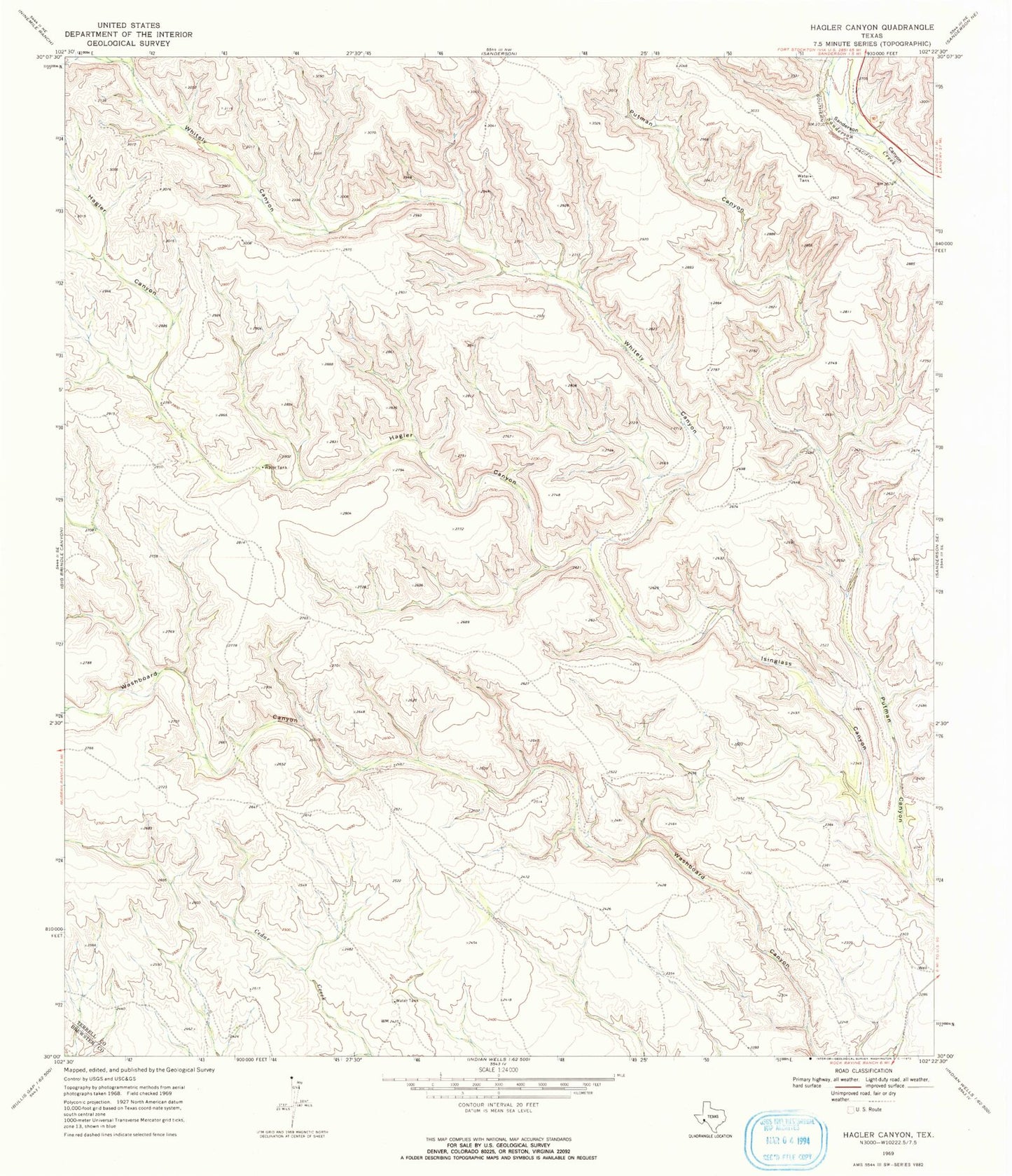 Classic USGS Hagler Canyon Texas 7.5'x7.5' Topo Map Image