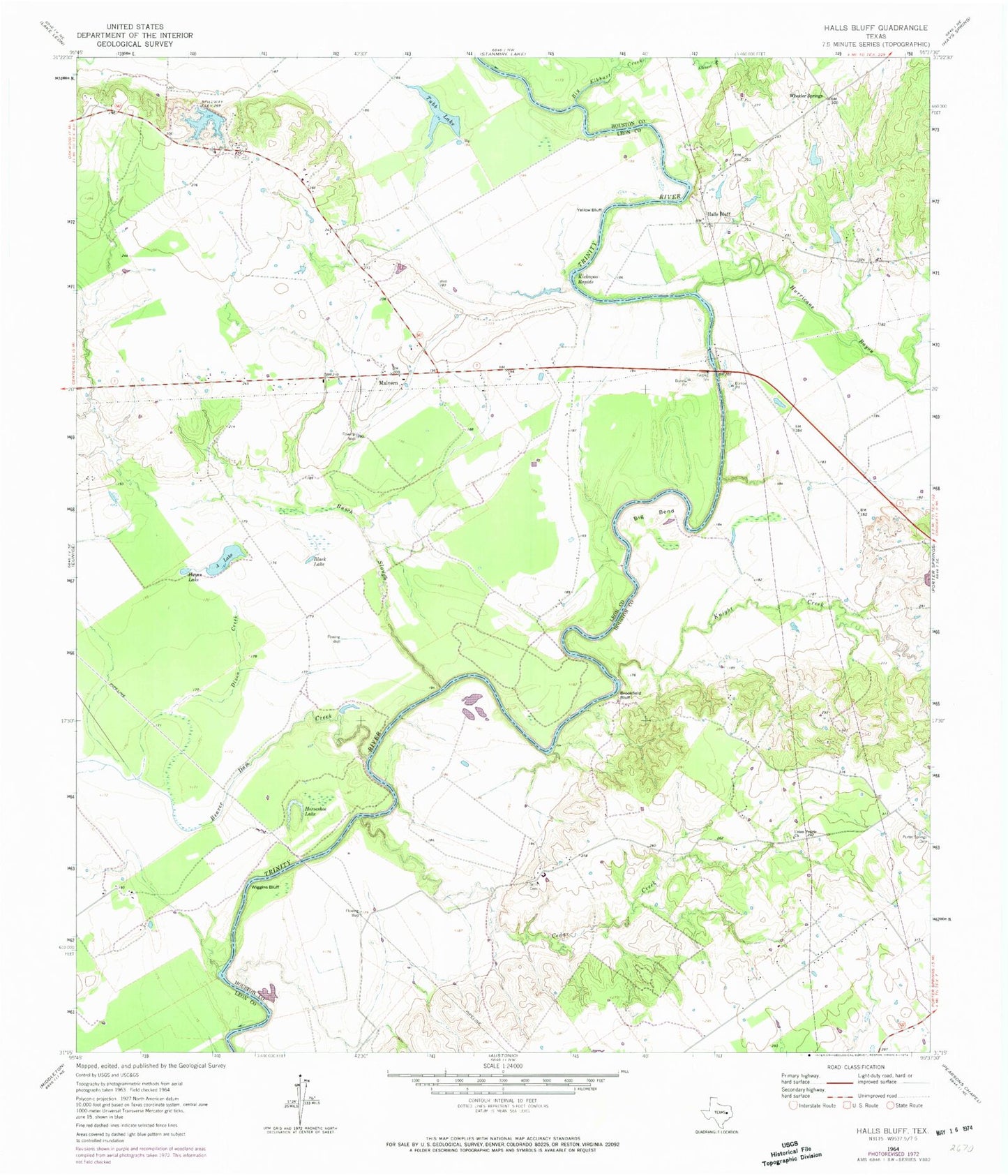 Classic USGS Halls Bluff Texas 7.5'x7.5' Topo Map Image