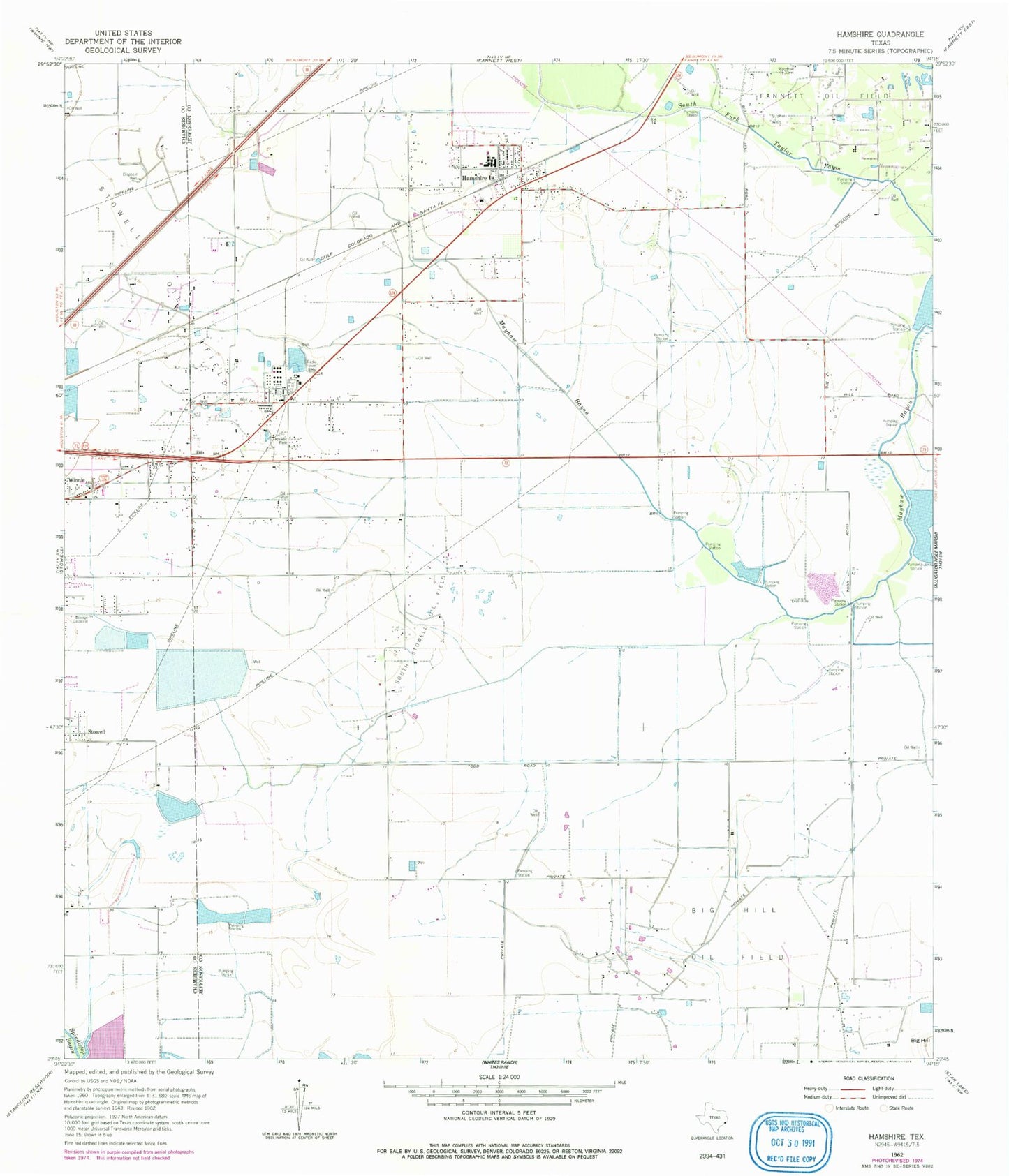 Classic USGS Hamshire Texas 7.5'x7.5' Topo Map Image