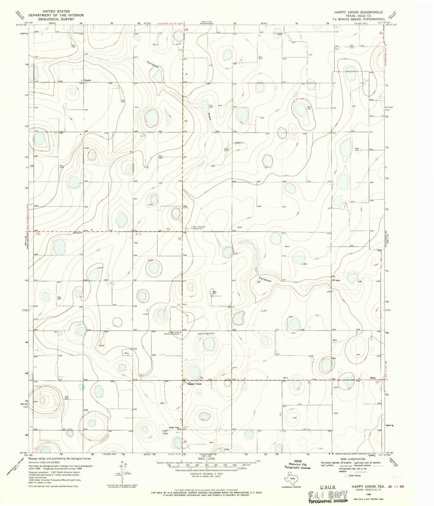 Classic USGS Happy Union Texas 7.5'x7.5' Topo Map Image