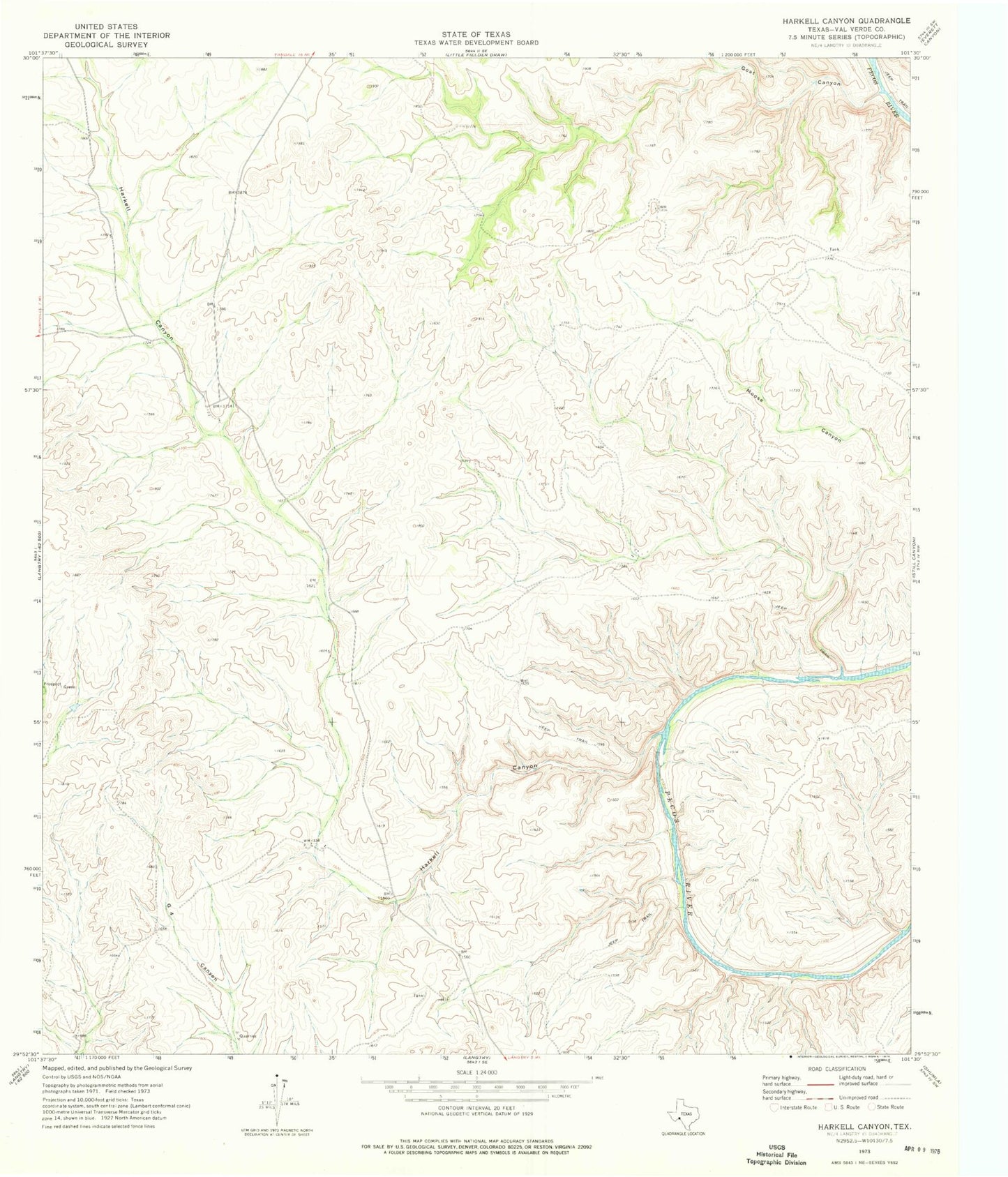 Classic USGS Harkell Canyon Texas 7.5'x7.5' Topo Map Image
