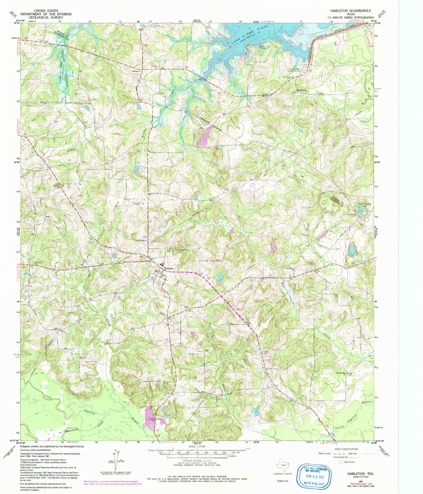 Classic USGS Harleton Texas 7.5'x7.5' Topo Map Image
