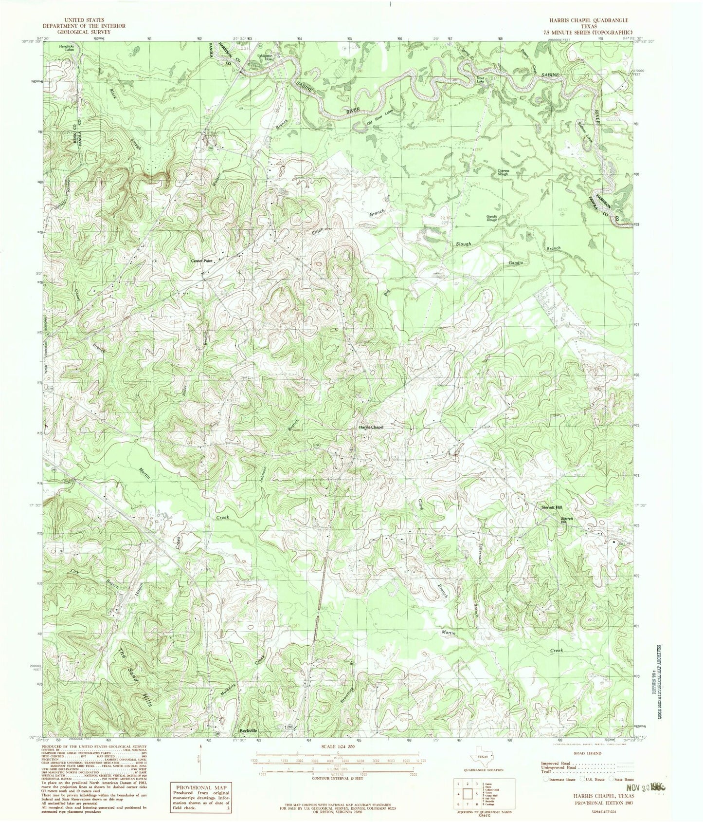 Classic USGS Harris Chapel Texas 7.5'x7.5' Topo Map Image