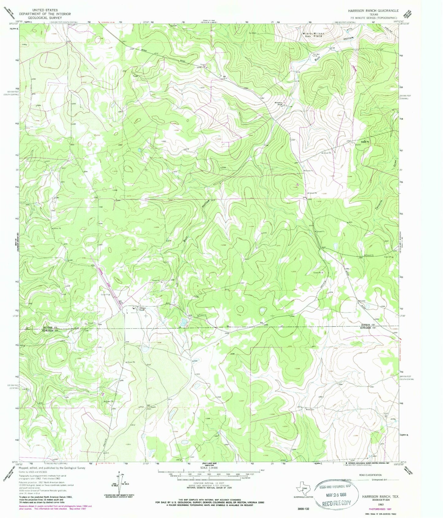 Classic USGS Harrison Ranch Texas 7.5'x7.5' Topo Map Image