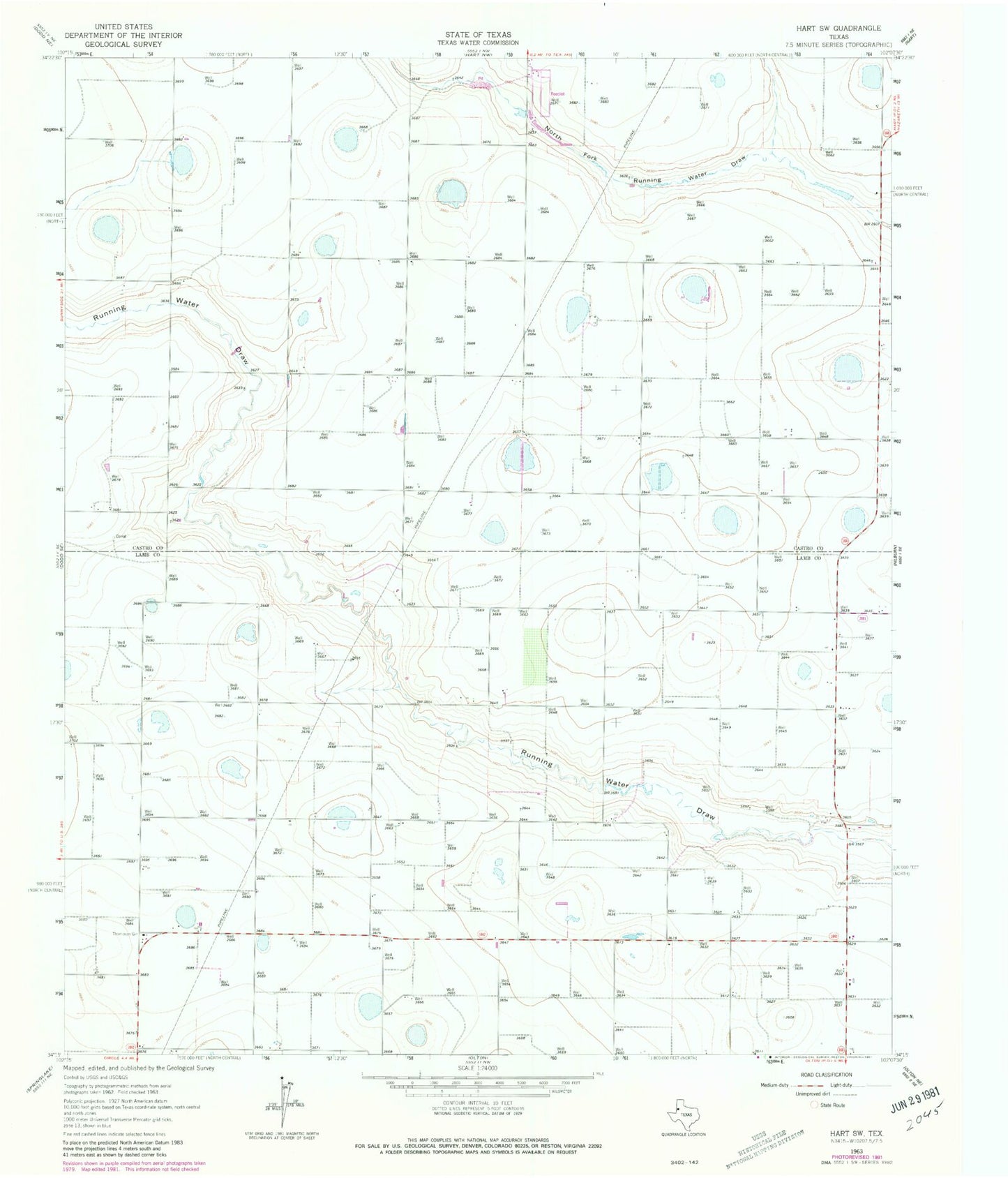 Classic USGS Hart SW Texas 7.5'x7.5' Topo Map Image