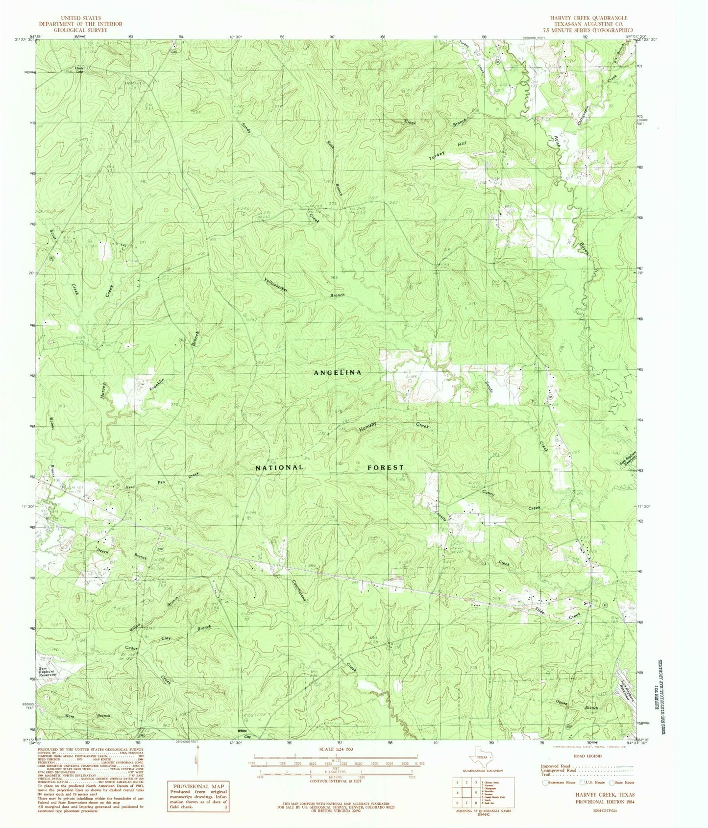 Classic USGS Harvey Creek Texas 7.5'x7.5' Topo Map Image