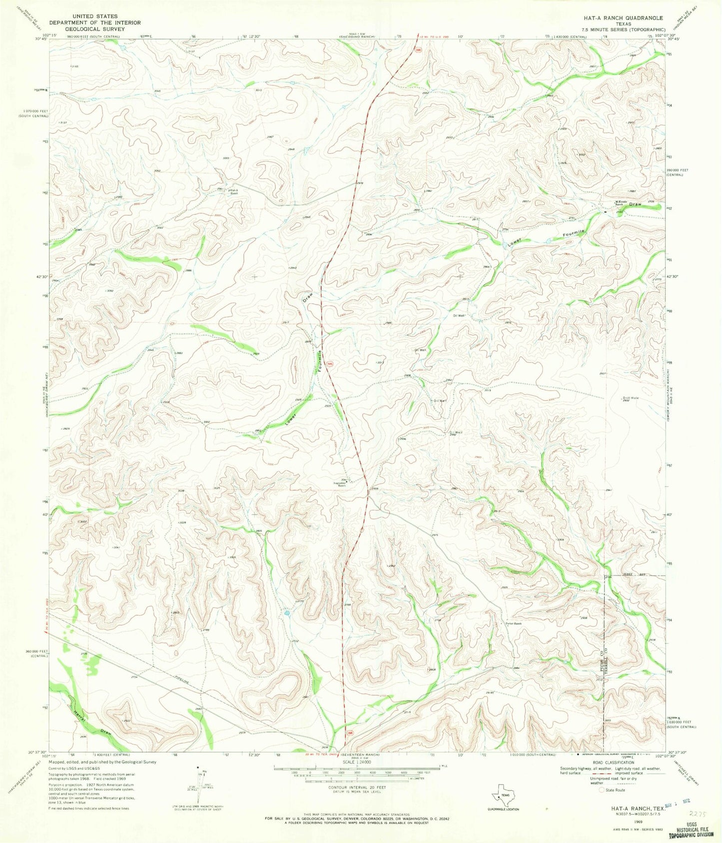 Classic USGS Hat-A Ranch Texas 7.5'x7.5' Topo Map Image