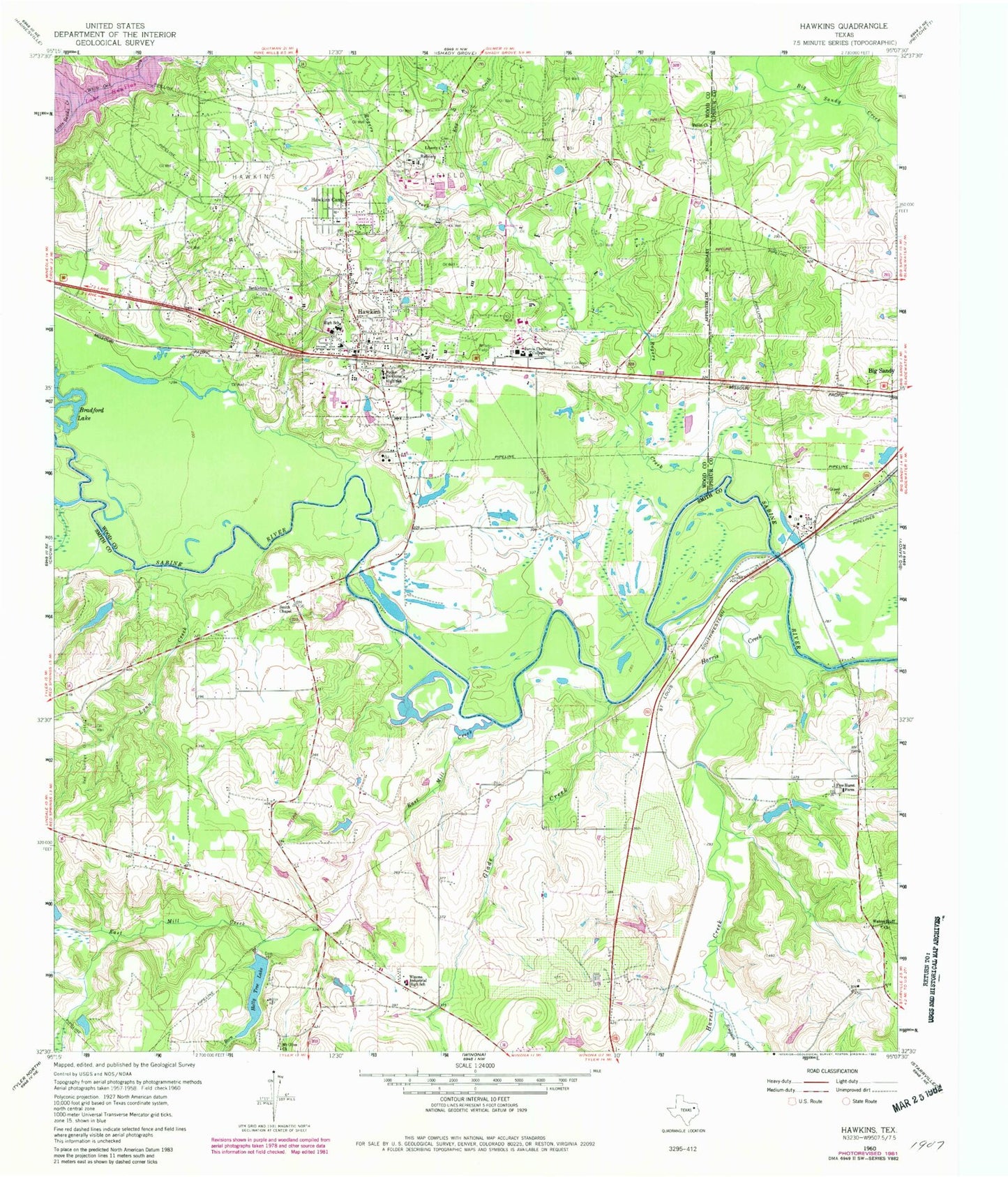 Classic USGS Hawkins Texas 7.5'x7.5' Topo Map Image