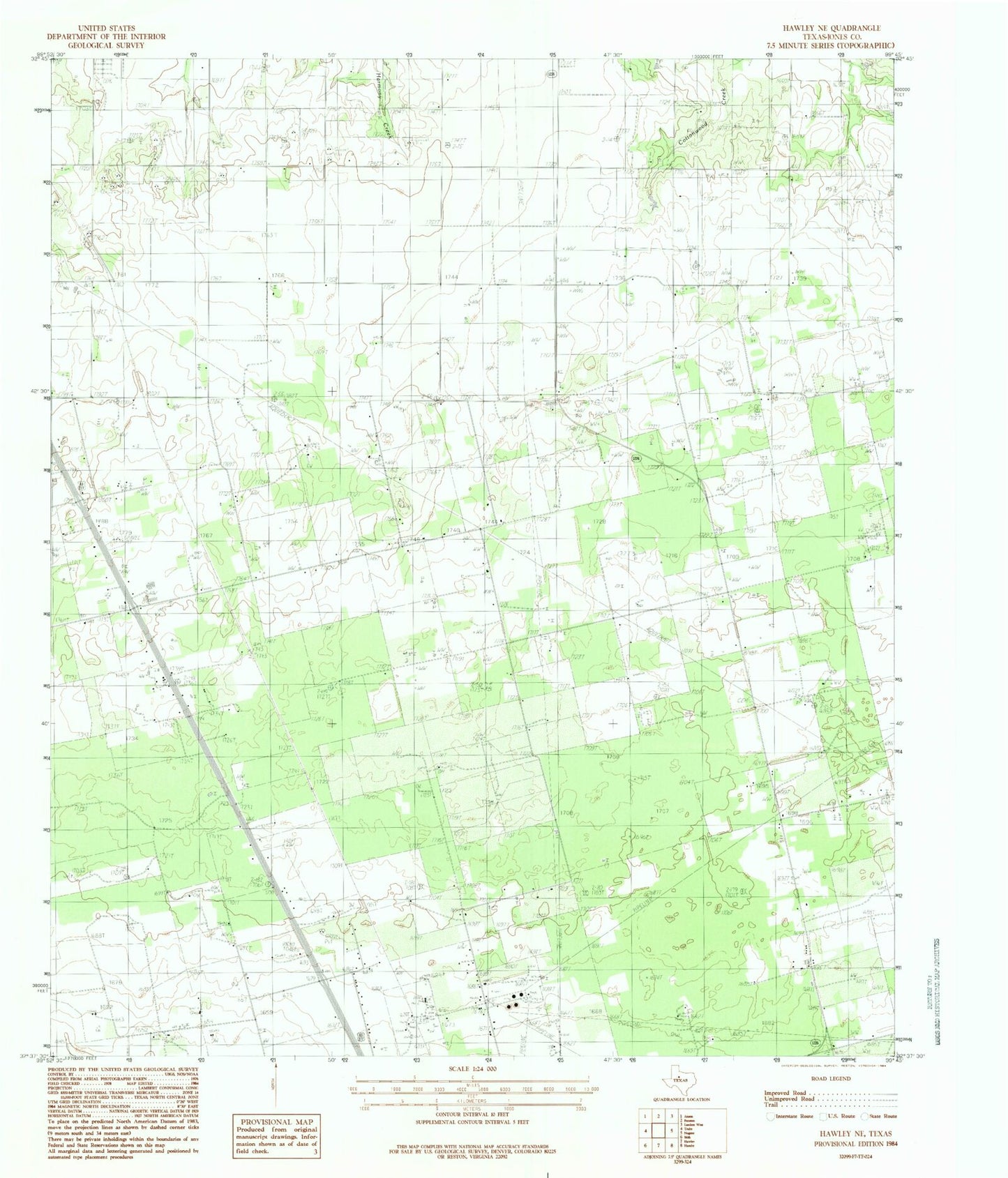 Classic USGS Hawley NE Texas 7.5'x7.5' Topo Map Image
