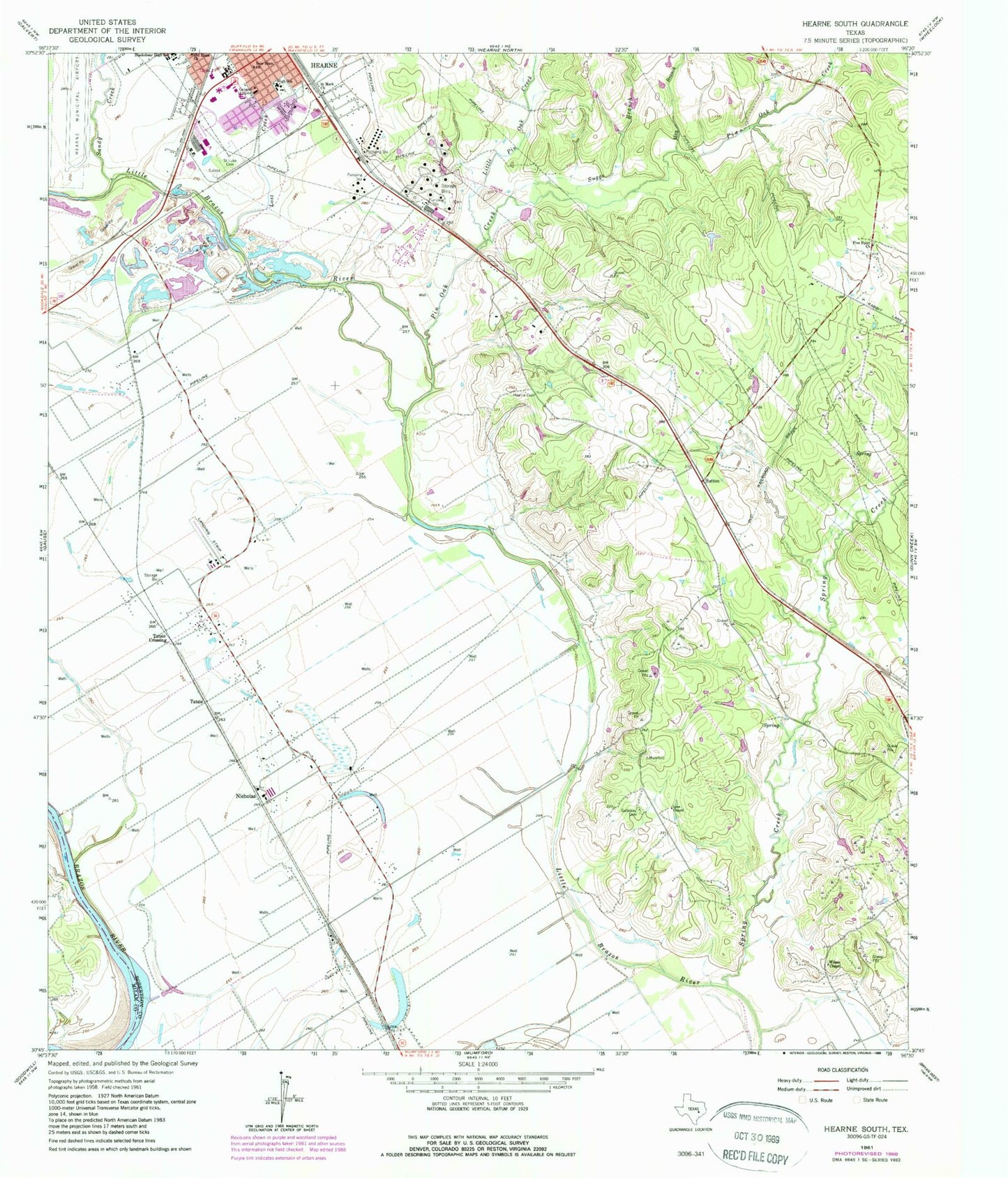 Classic USGS Hearne South Texas 7.5'x7.5' Topo Map Image