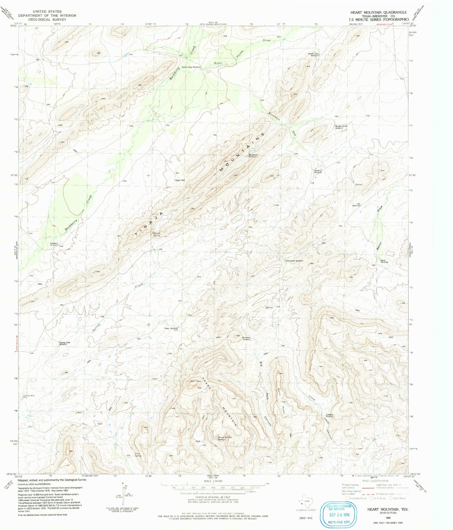 Classic USGS Heart Mountain Texas 7.5'x7.5' Topo Map Image