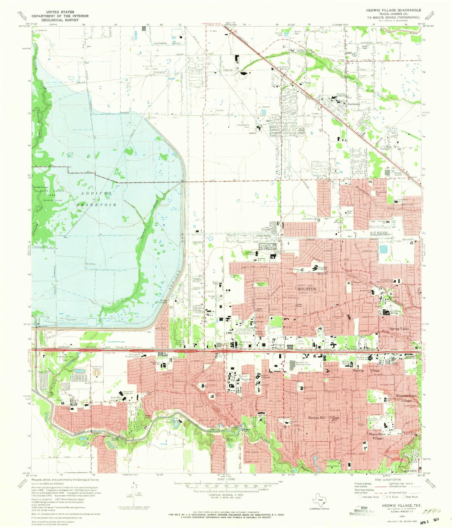 Classic USGS Hedwig Village Texas 7.5'x7.5' Topo Map Image