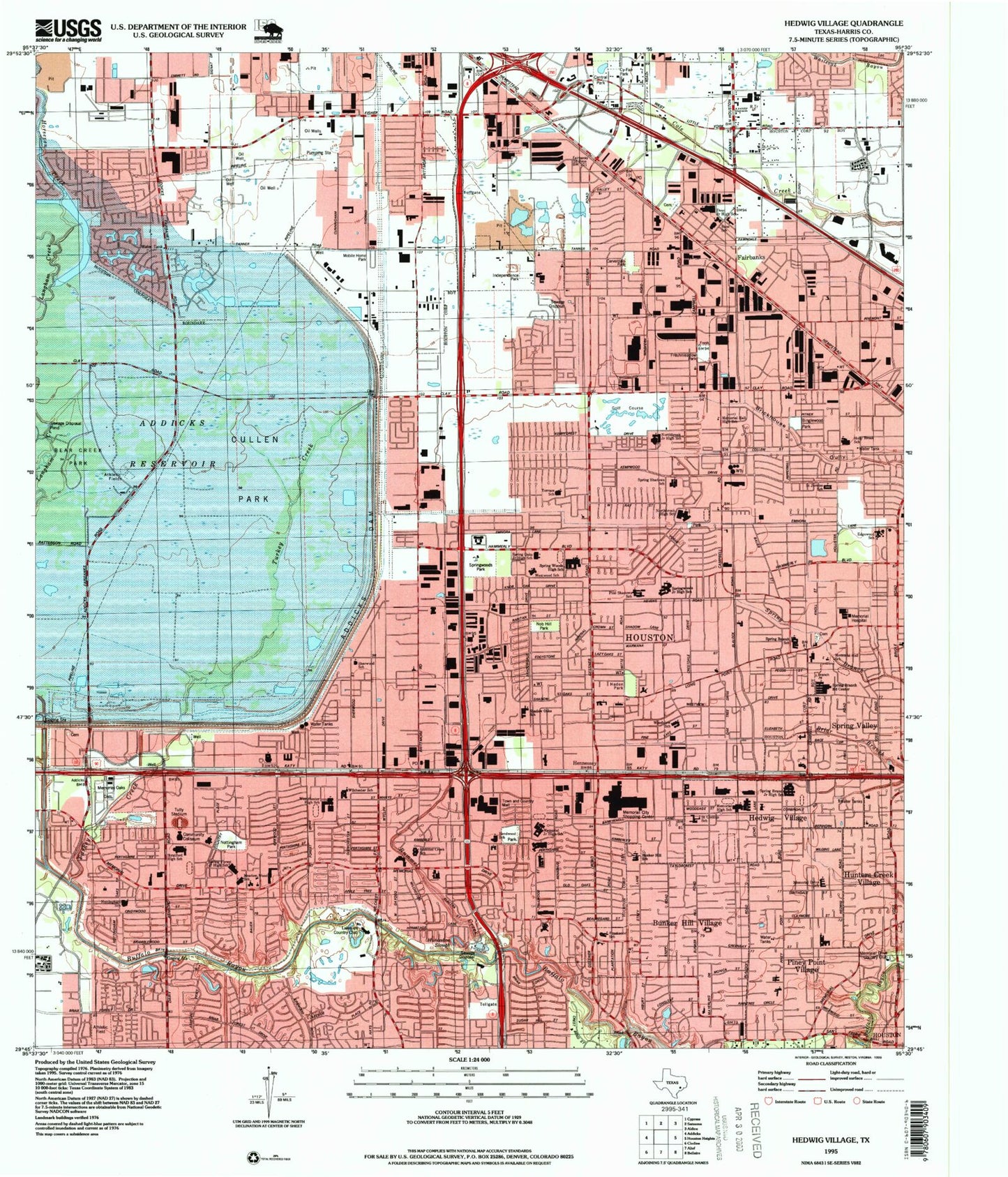 Classic USGS Hedwig Village Texas 7.5'x7.5' Topo Map Image