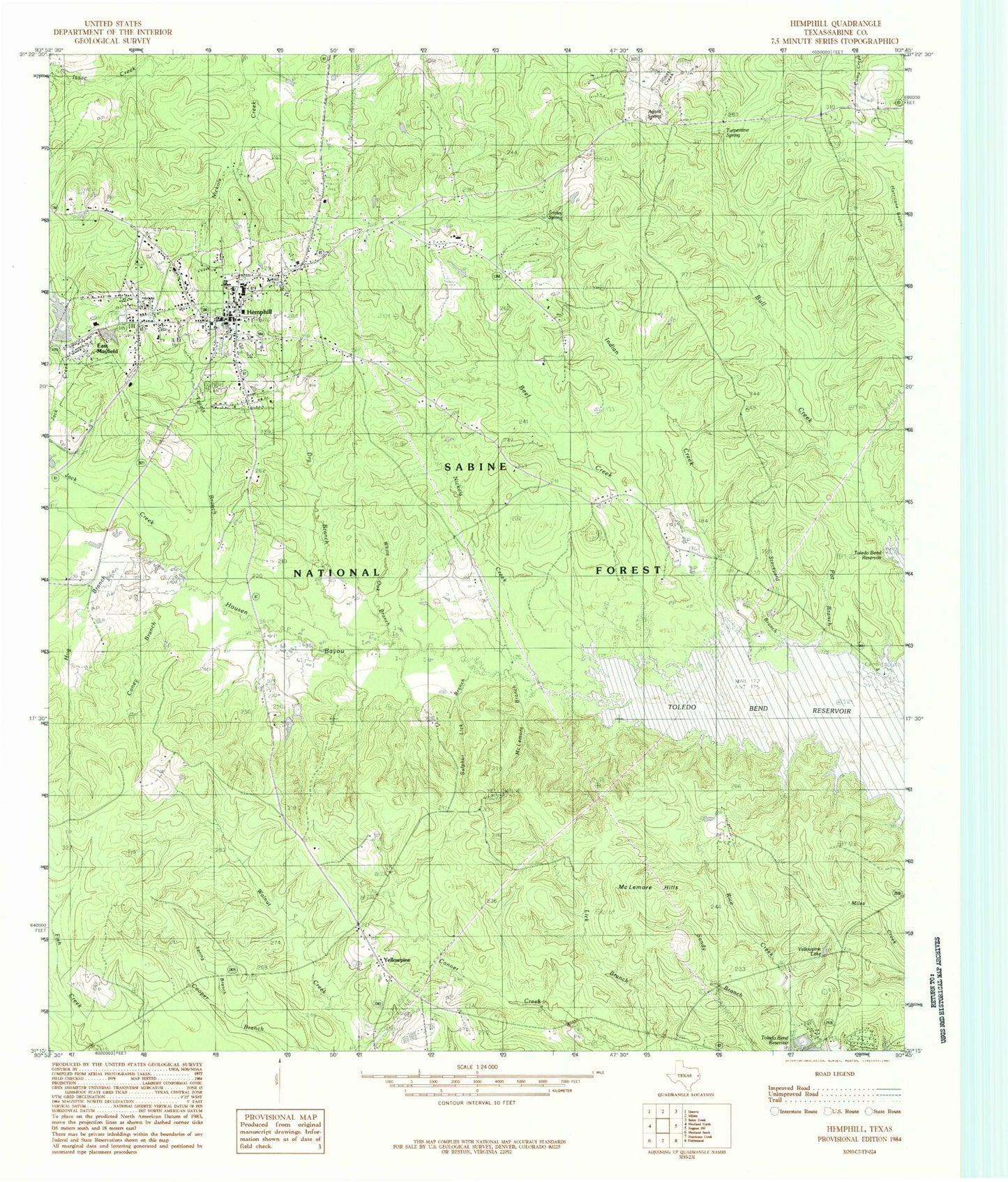 Classic USGS Hemphill Texas 7.5'x7.5' Topo Map Image