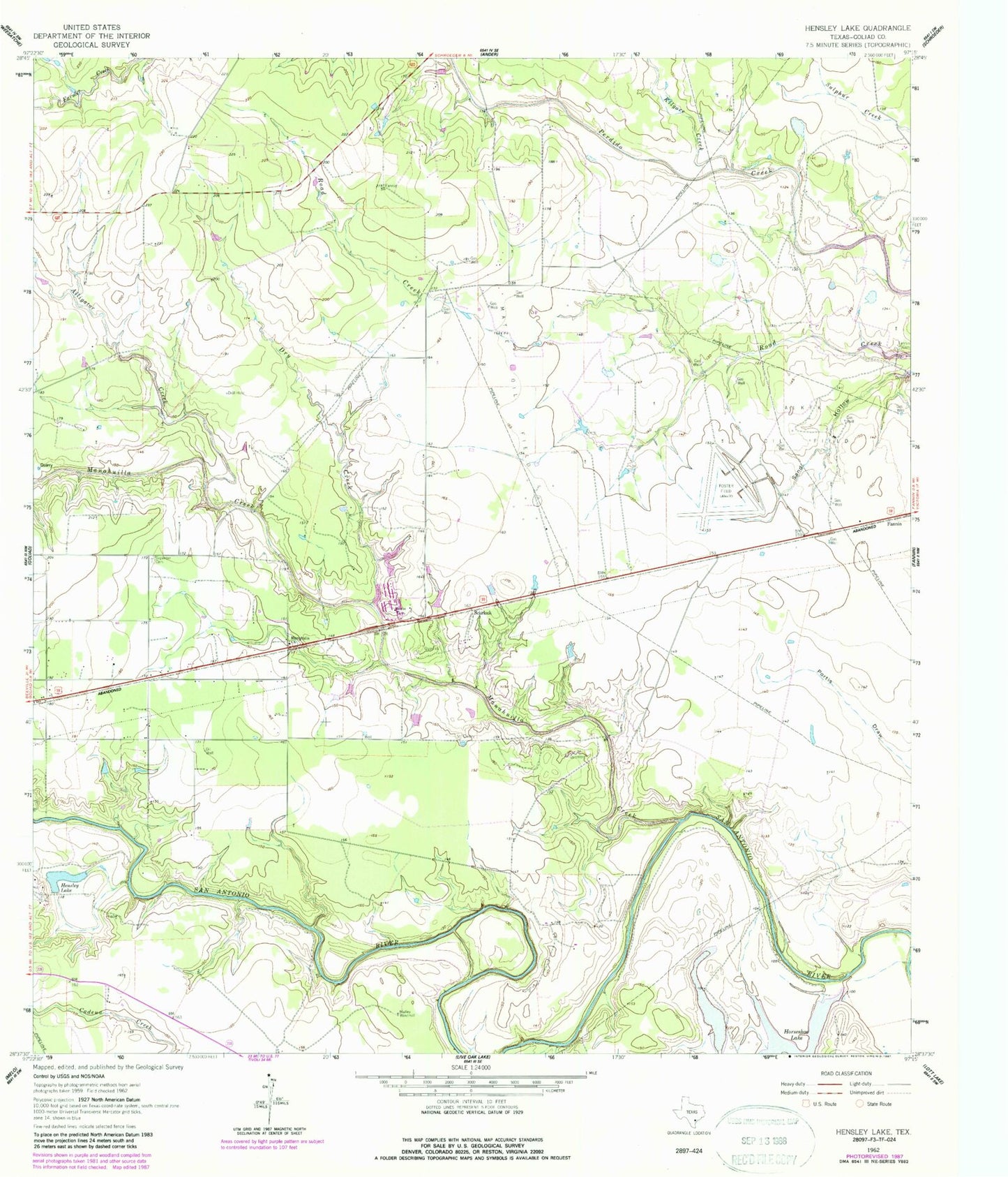 Classic USGS Hensley Lake Texas 7.5'x7.5' Topo Map Image