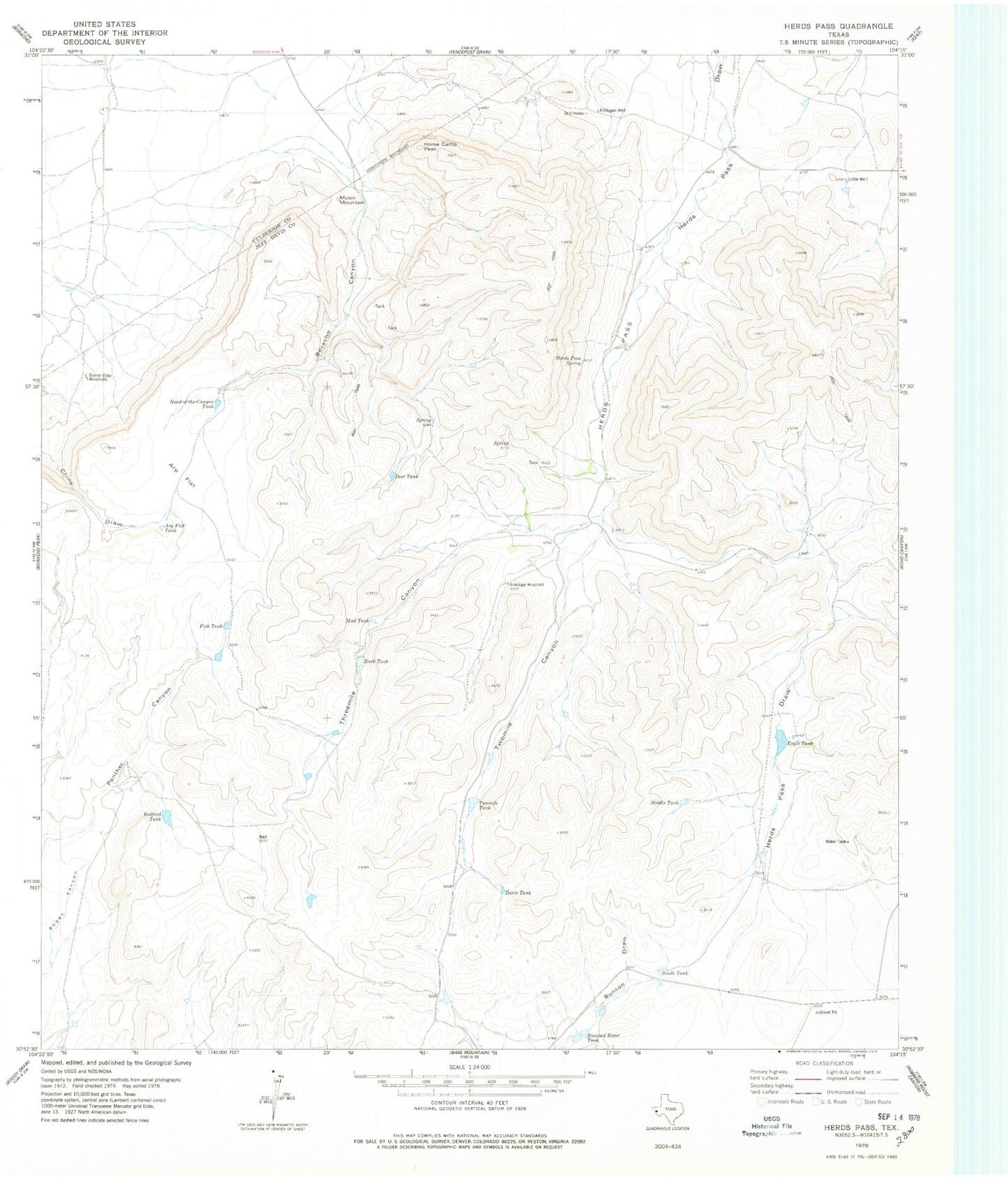 Classic USGS Herds Pass Texas 7.5'x7.5' Topo Map Image