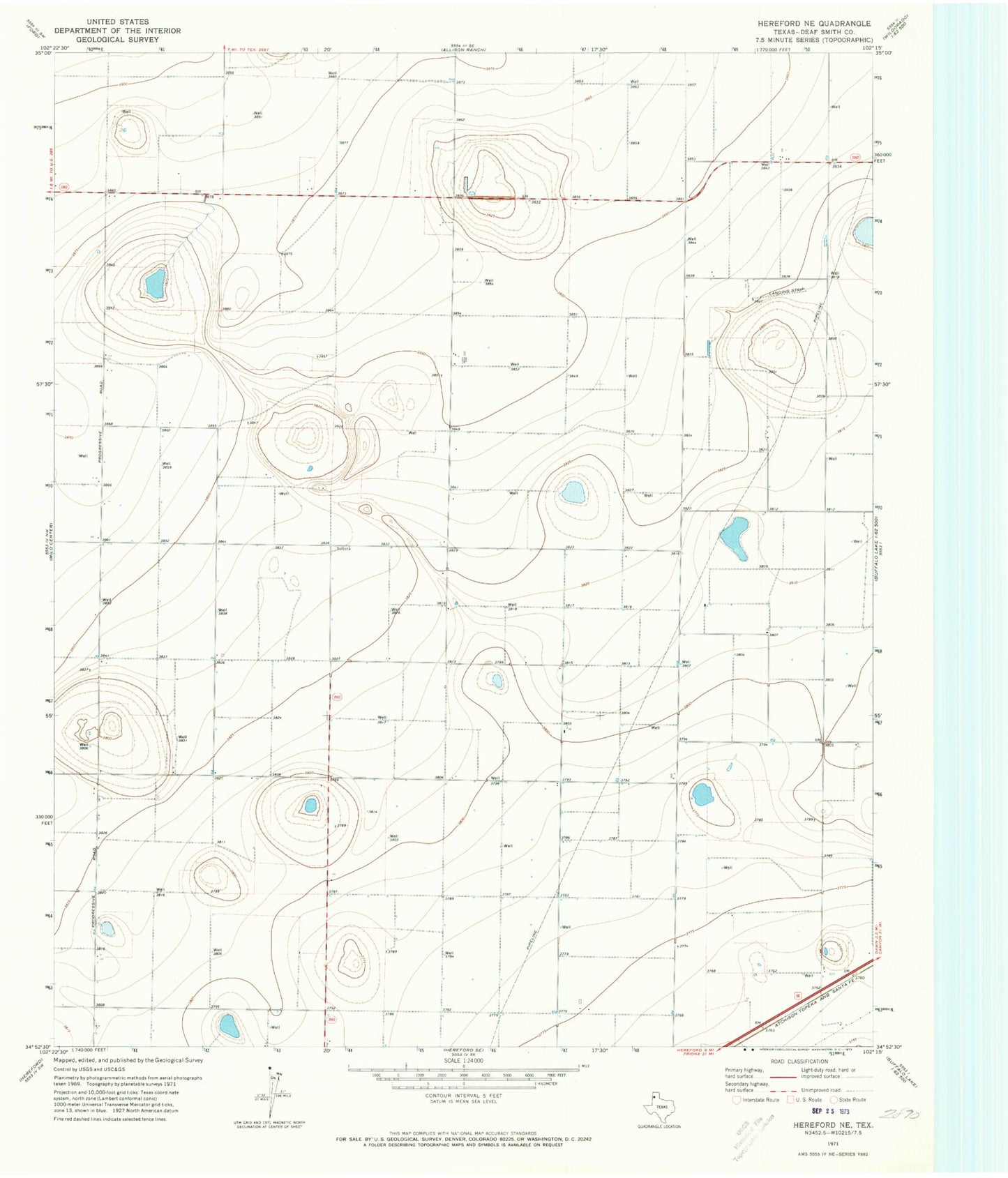 Classic USGS Hereford NE Texas 7.5'x7.5' Topo Map Image