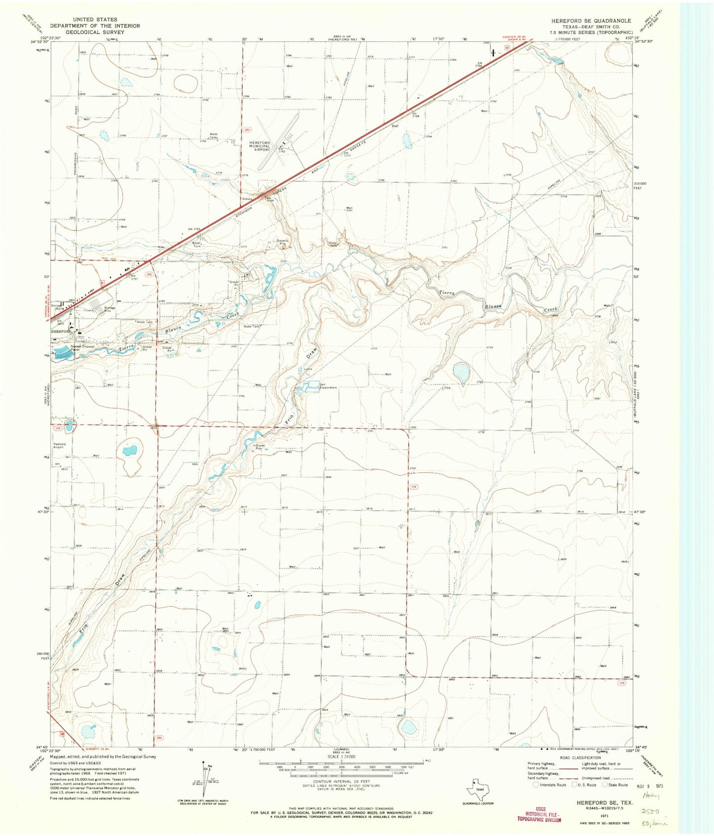 Classic USGS Hereford SE Texas 7.5'x7.5' Topo Map Image